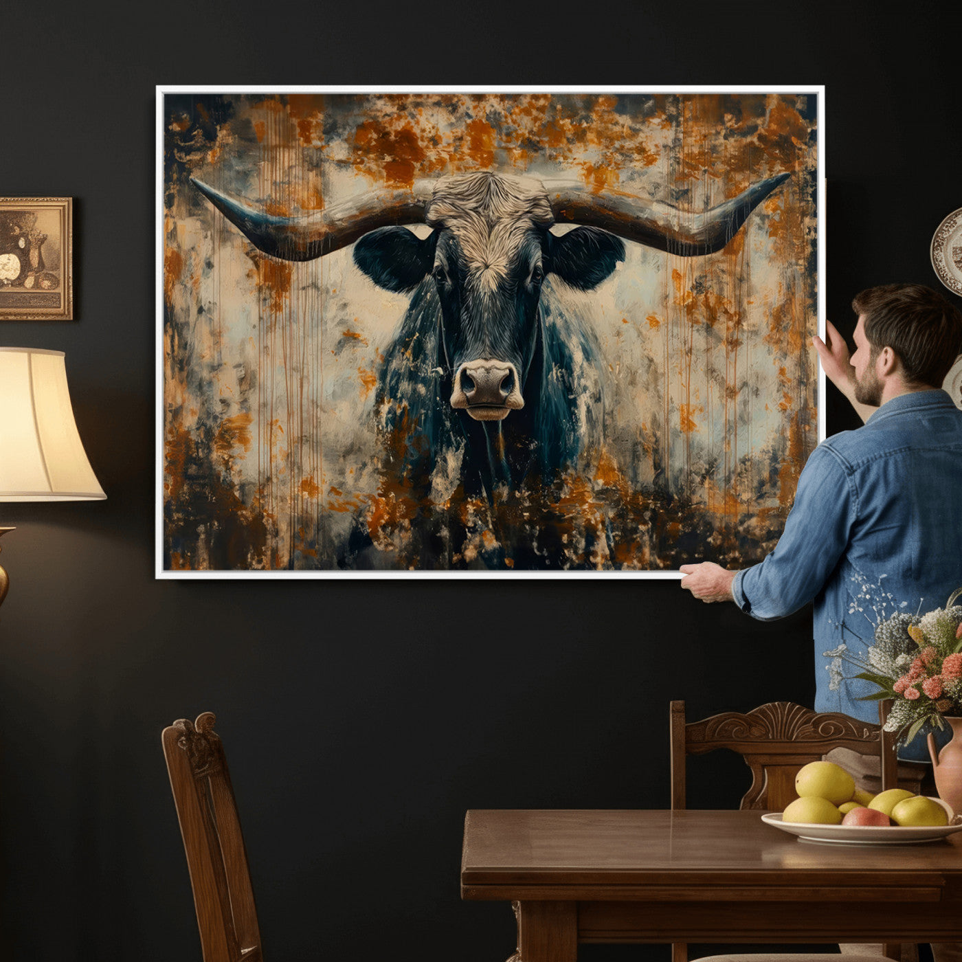 85913-MGV-CV-36X24 - Abstract Longhorn Bull Wall Art | Rustic Western Wall Decor | Framed and Ready to Hang | Ideal for