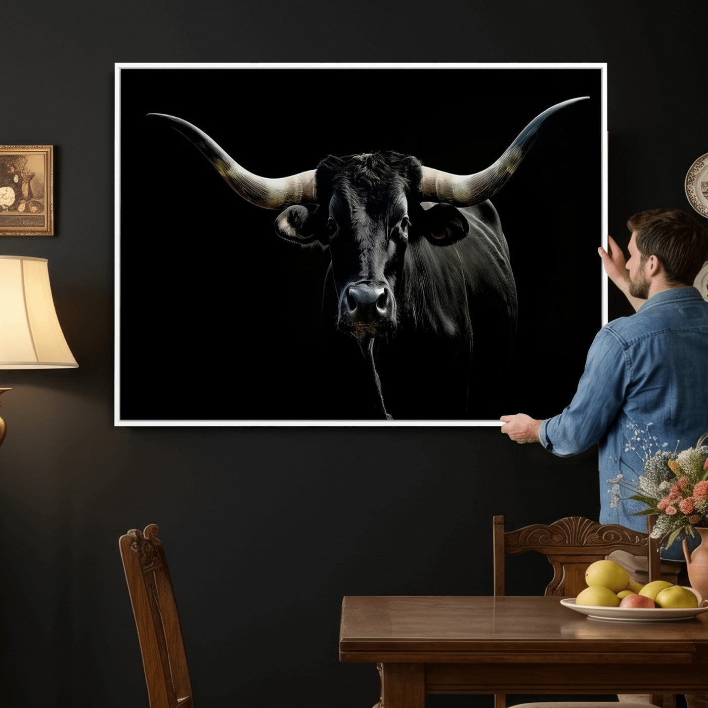 20679-MGV-CV-36X24 - Texas Black Longhorn Bull Wall Art Canvas Print - Western Texas Cattle Rustic Decor Print - Longhorn