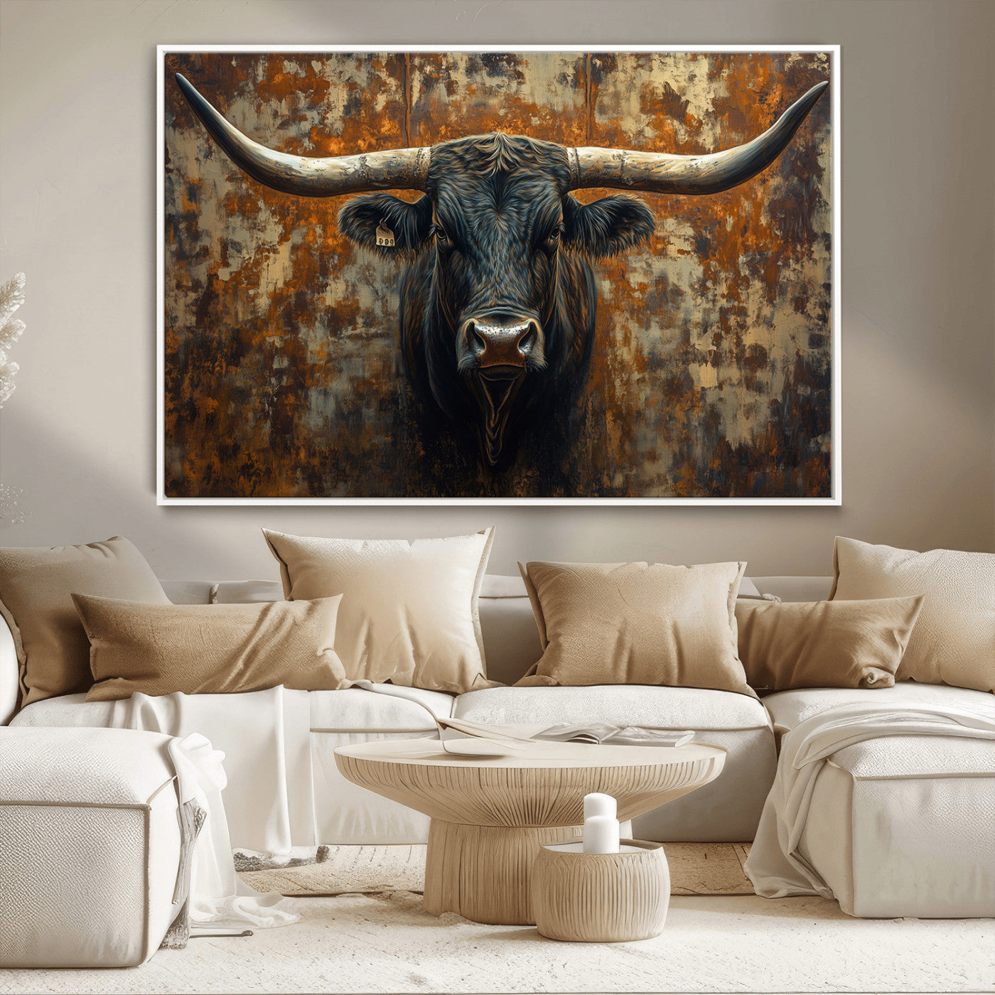 68068-MGV-CV-36X24-Longhorn Texas Cow Bull Wall Art | Rustic Farmhouse Canvas Print | Ready to Hang Barn Decor for