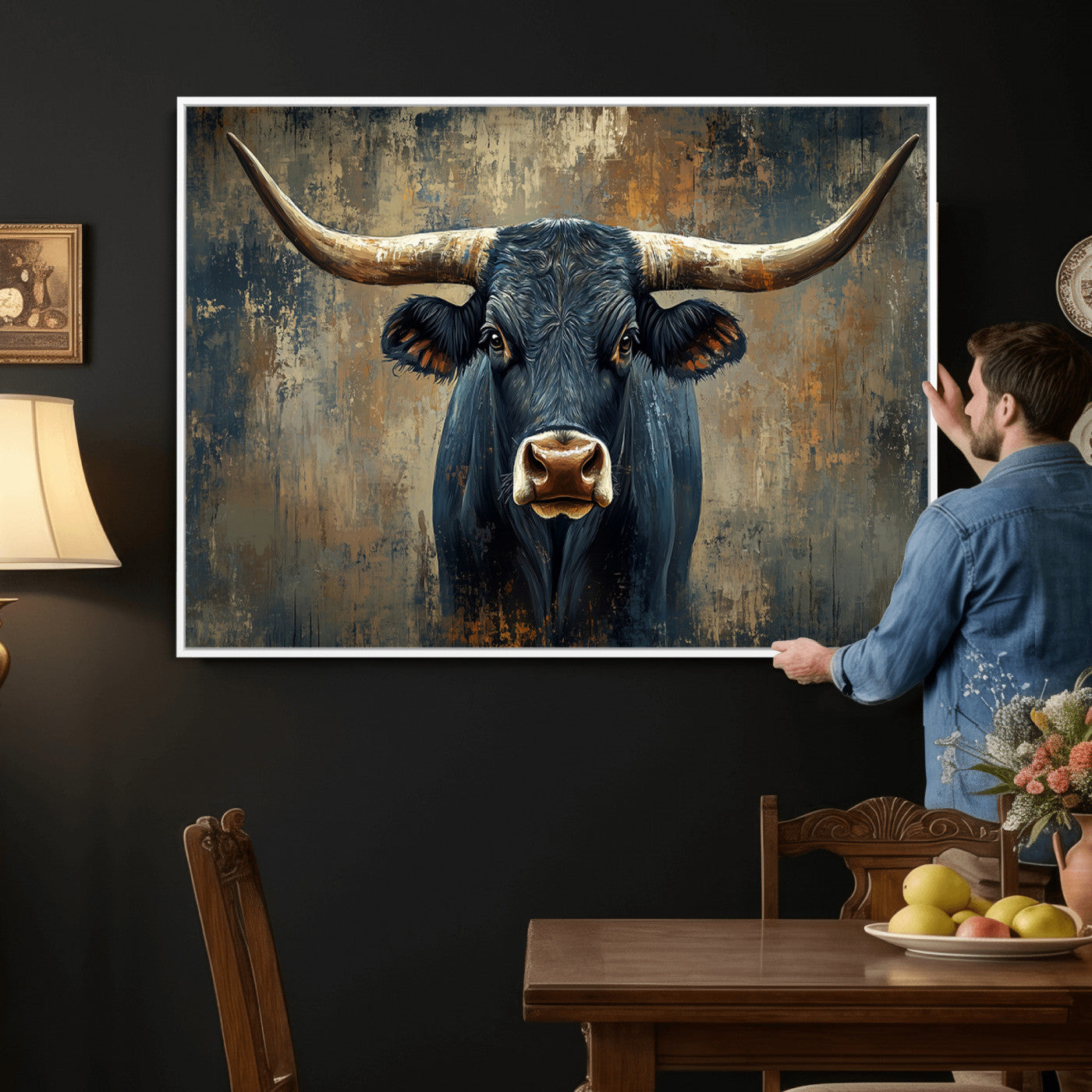 42026-MGV-CV-36X24 - Texas Western Wall Art Canvas Print - Abstract Cow Longhorn Bull Wall Art Canvas Print - Rustic Cow