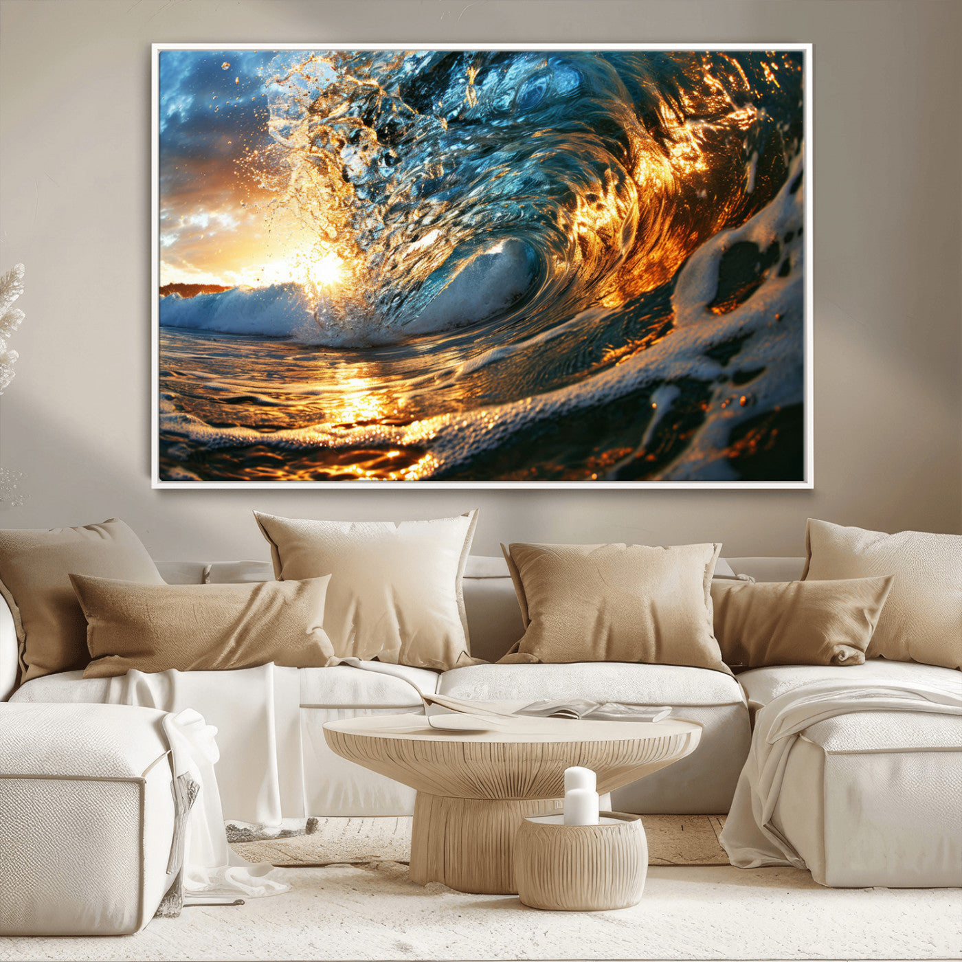 41370-MGV-CV-36X24-Ocean Wave at Sunset Canvas Wall Art – Vibrant Coastal Beach Waves Print, Large Nautical Decor,