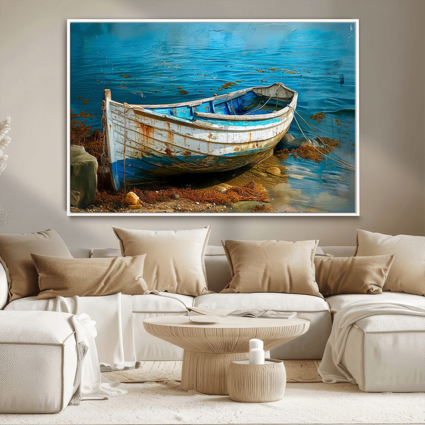 54716-MGV-CV-36X24-Vintage Boat on Tranquil Waters | Coastal Wall Art for Nautical Decor | Rustic Triptych Canvas Print