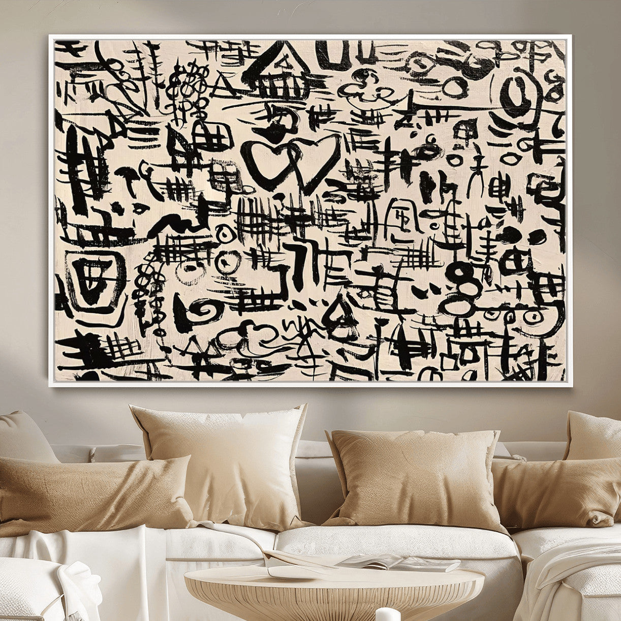 68273-MGV-FC-36X24 - Abstract Love and Chaos Canvas Print, Black Symbols on Beige