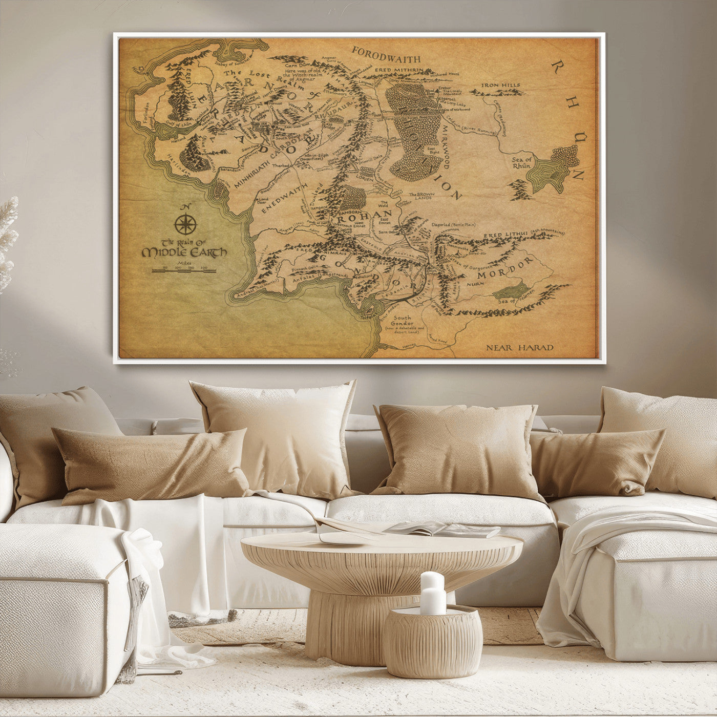 65656565-MGV-CV-36X24-Middle Earth Map Canvas Wall Art – Vintage Fantasy Map Print, Decor for Home Library or Office