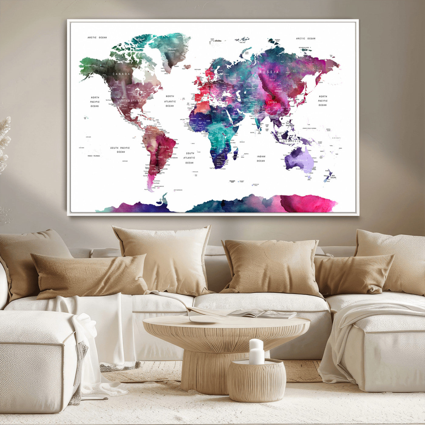78176-MGV-CV-36X24-Colorful Watercolor World Map Canvas Wall Art – Framed Modern Map Print, Vibrant Travel Inspired Artwork for Home and Office Decor