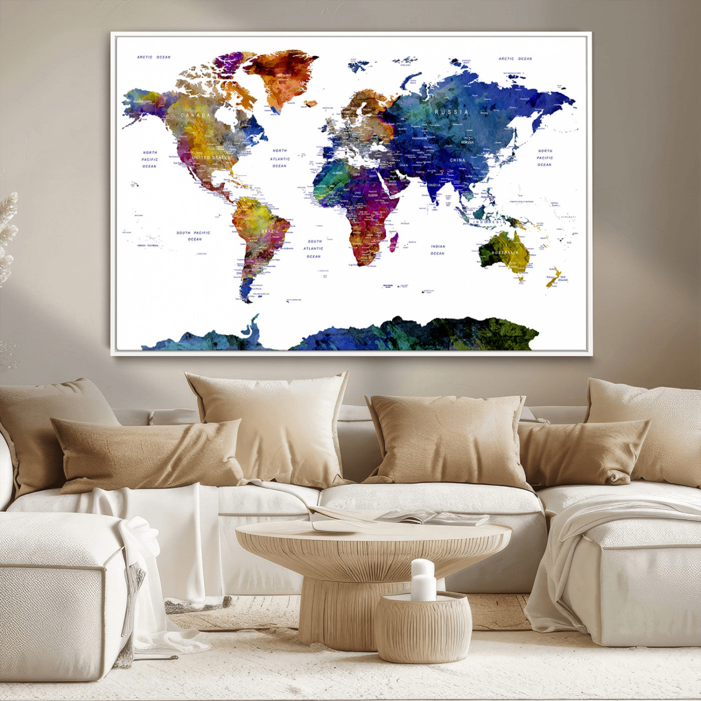 90446-MGV-CV-36X24-Colorful Watercolor World Map Canvas Wall Art – Framed Modern Push Pin Travel Map for Home and Office Decor