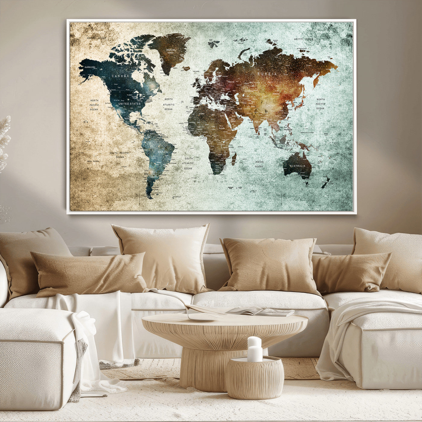 25140-MGV-CV-36X24-World Map Canvas Print – Framed Vintage Style Push Pin Wall Art, Elegant Travel Map Decor for Home or Office
