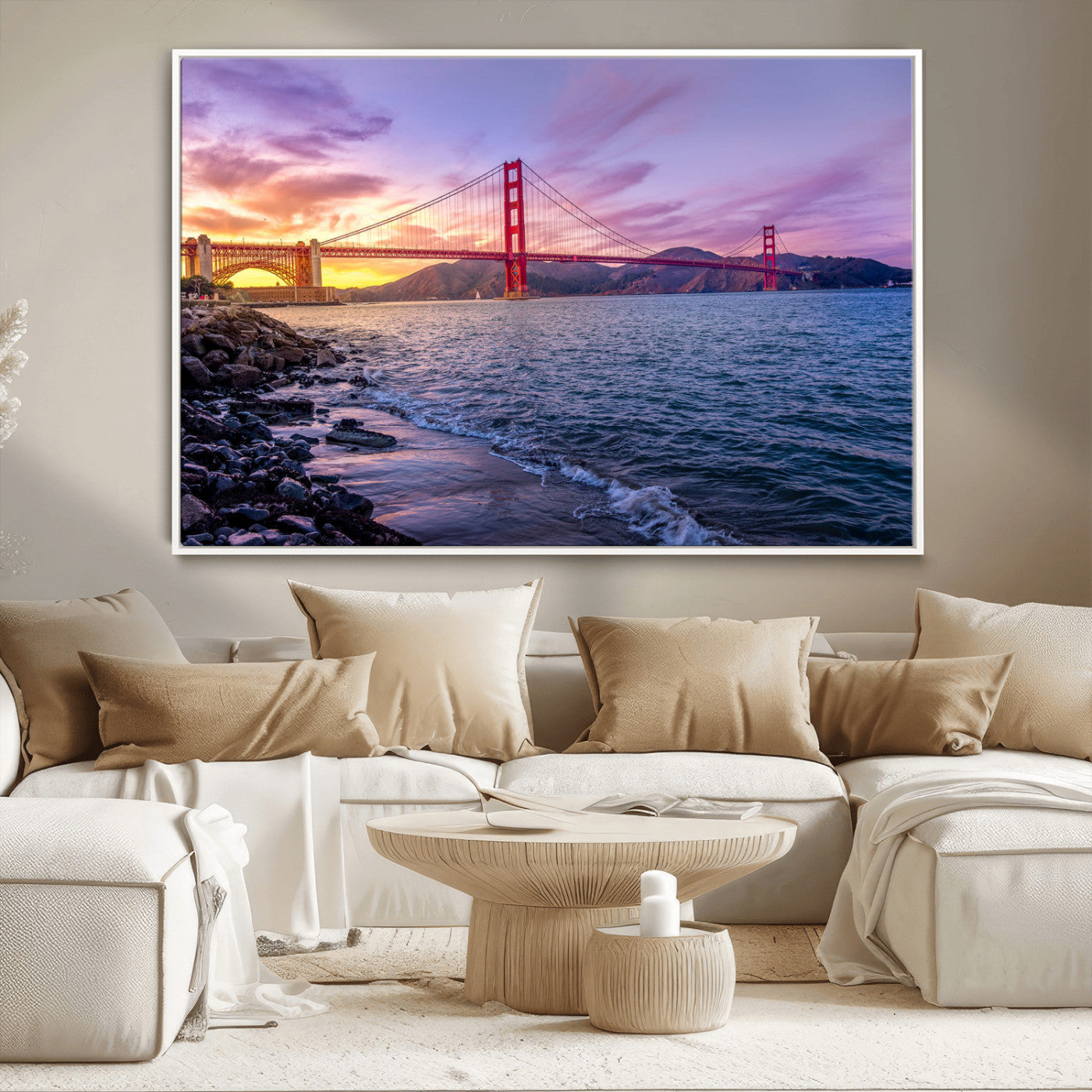 -Golden Gate Bridge Wall Art Canvas Print – Framed San Francisco Sunset Scene with Cityscape Artwork for Home, Office