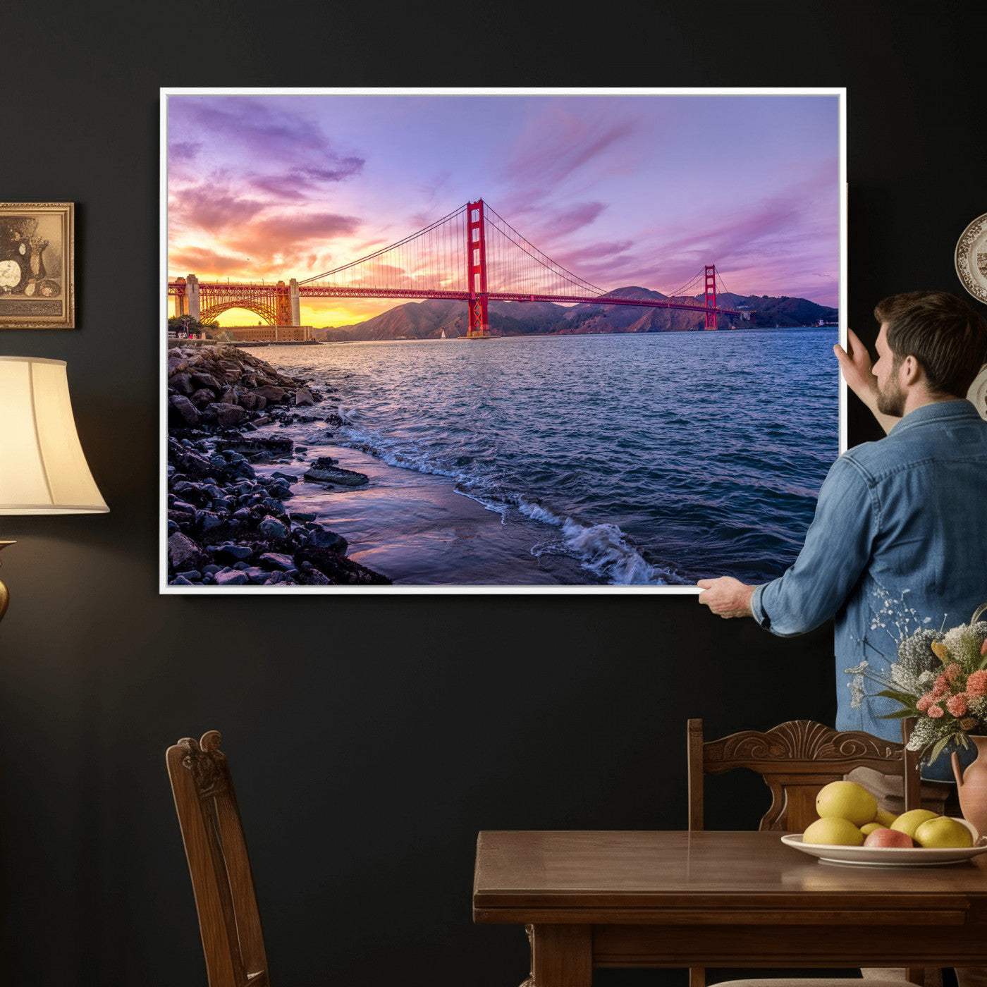 24256-MGV-CV-36X24 - Golden Gate Bridge Wall Art Print, San Francisco Sunset Canvas Wall Art, Cityscape Canvas Print for