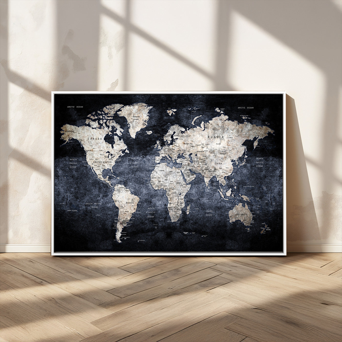 -Modern Dark World Map Canvas Print – Framed Push Pin Wall Art, Elegant Travel Map Decoration for Home Office or Living Room Decor