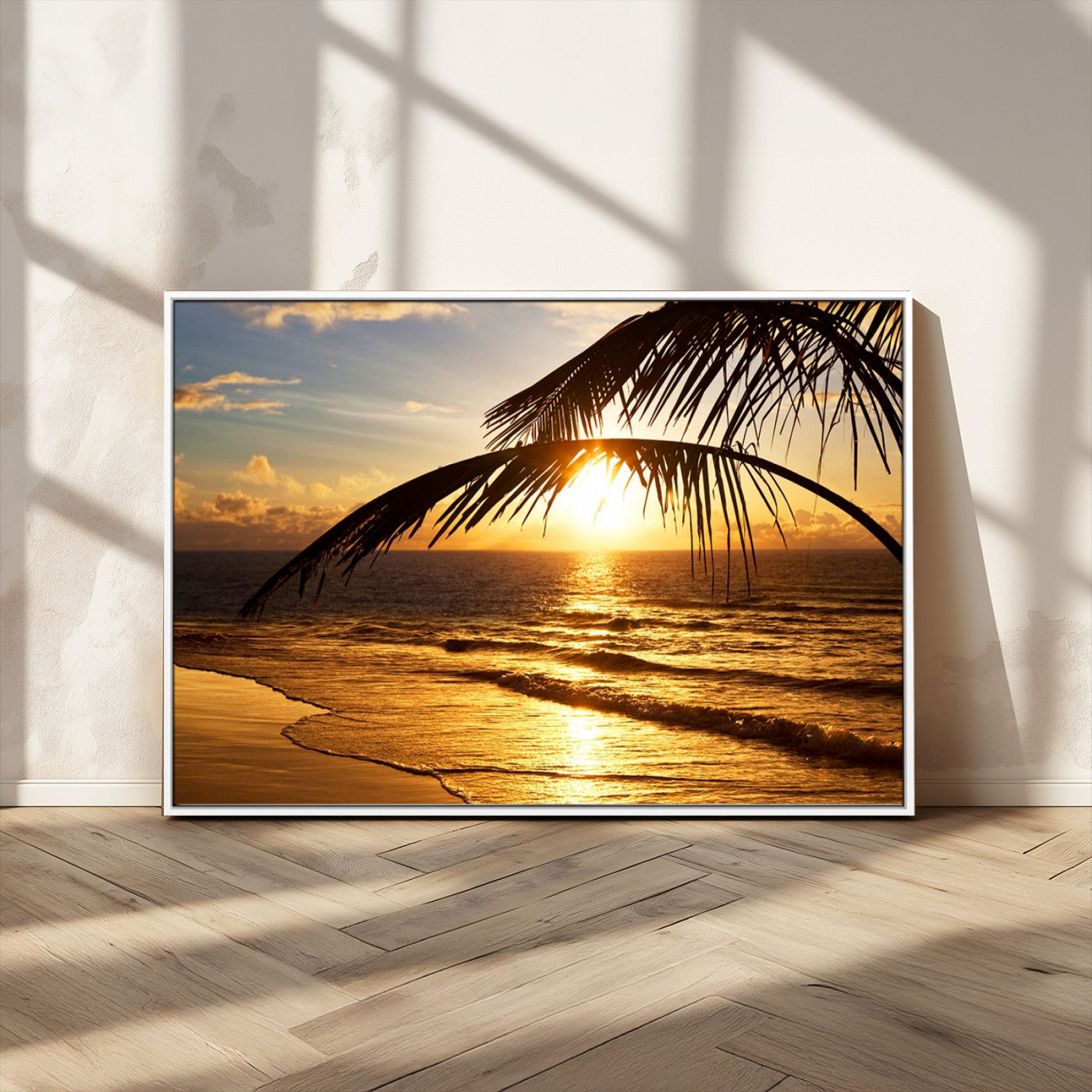 -Golden Tropical Beach Sunset Canvas Triptych, Coastal Palm Tree Wall Art, Ocean Shoreline Giclee