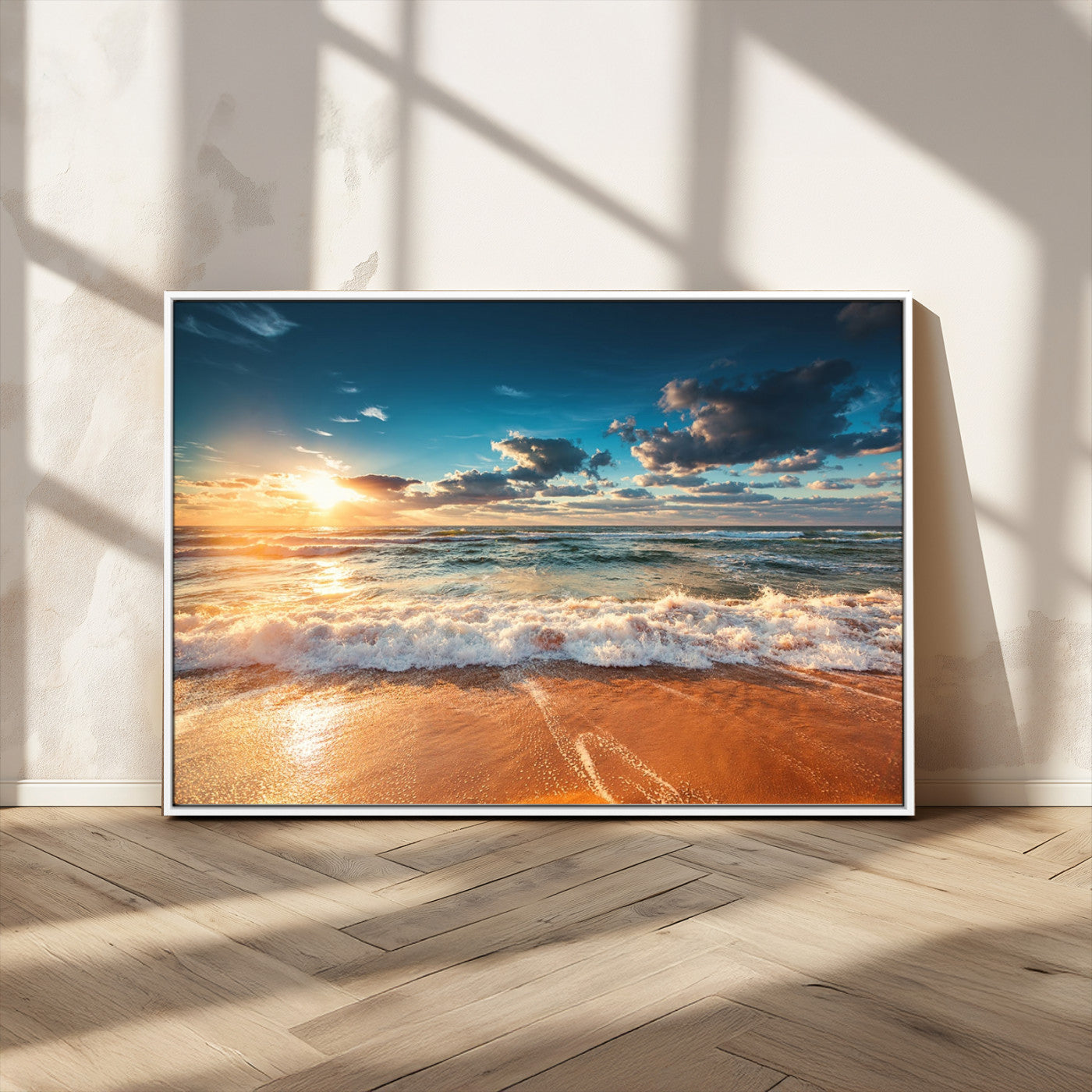 -Golden Sunset Beach Triptych Canvas Art, Giclee Coastal Wall Decor, Ocean Waves Print, Modern Beach