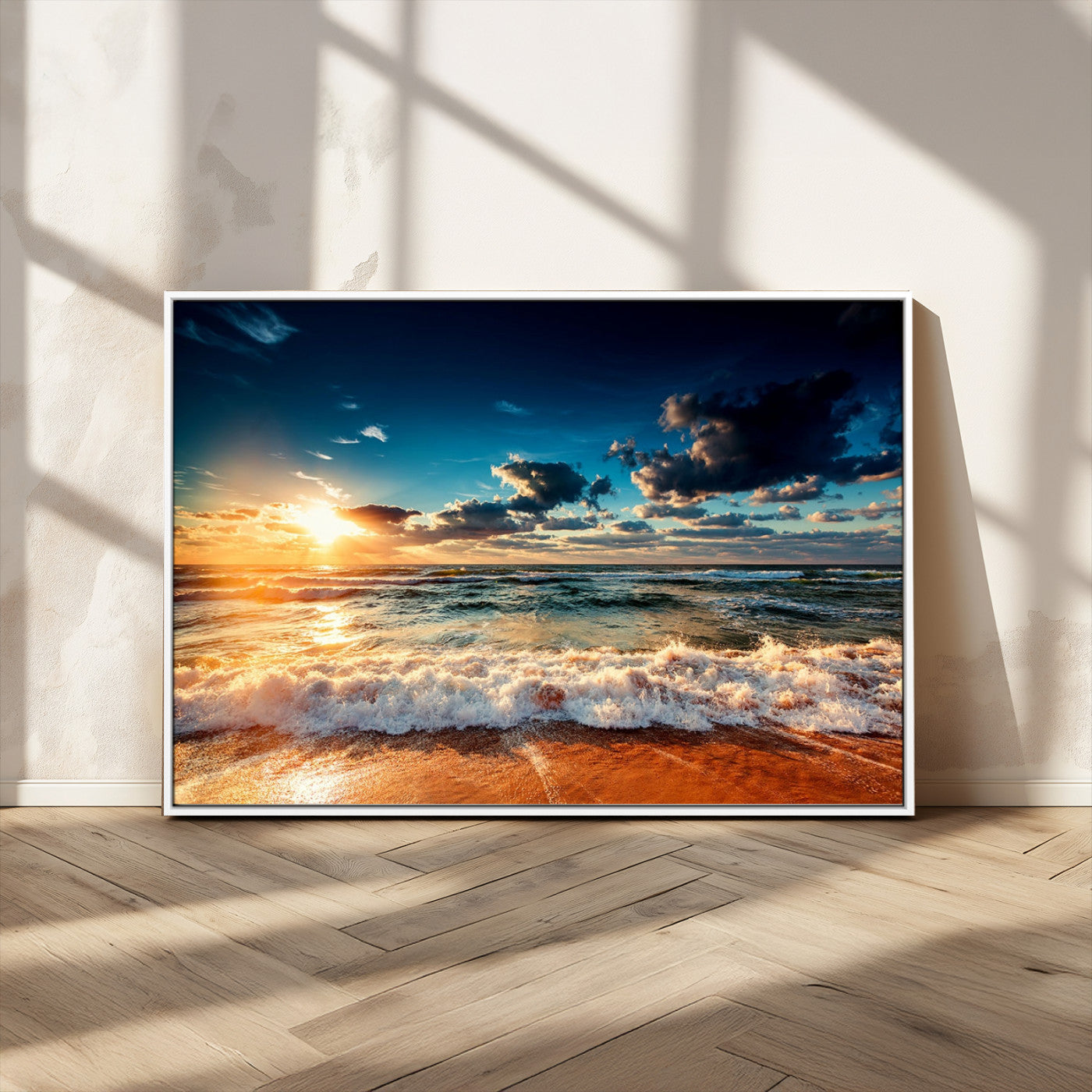 26996-MGV-FC-36X24_White-Golden Hour Sunset Over Ocean Waves Wall Art Canvas Print | 3 Panel Coastal Landscape Canvas Wall