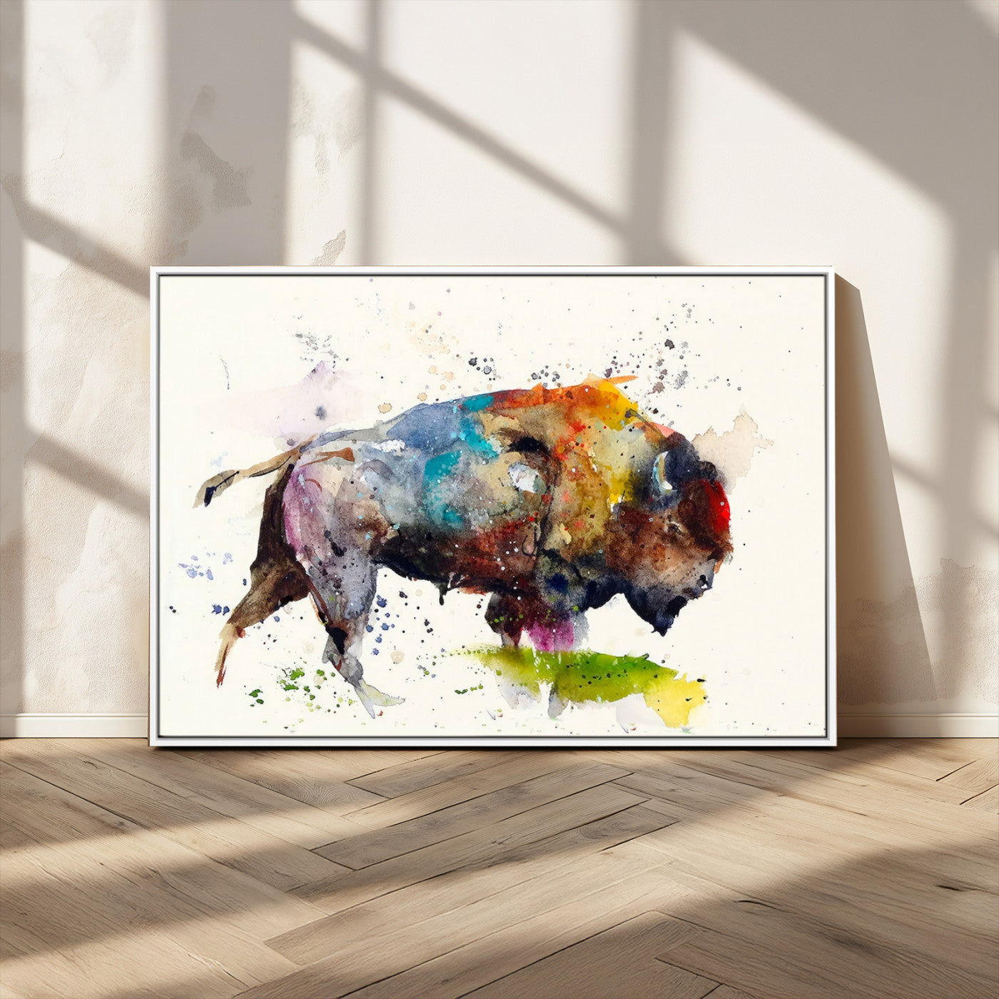 -Abstract Buffalo Wall Art, Western Watercolor Bison Canvas Print, Rustic Buffalo Art for Cowboy and