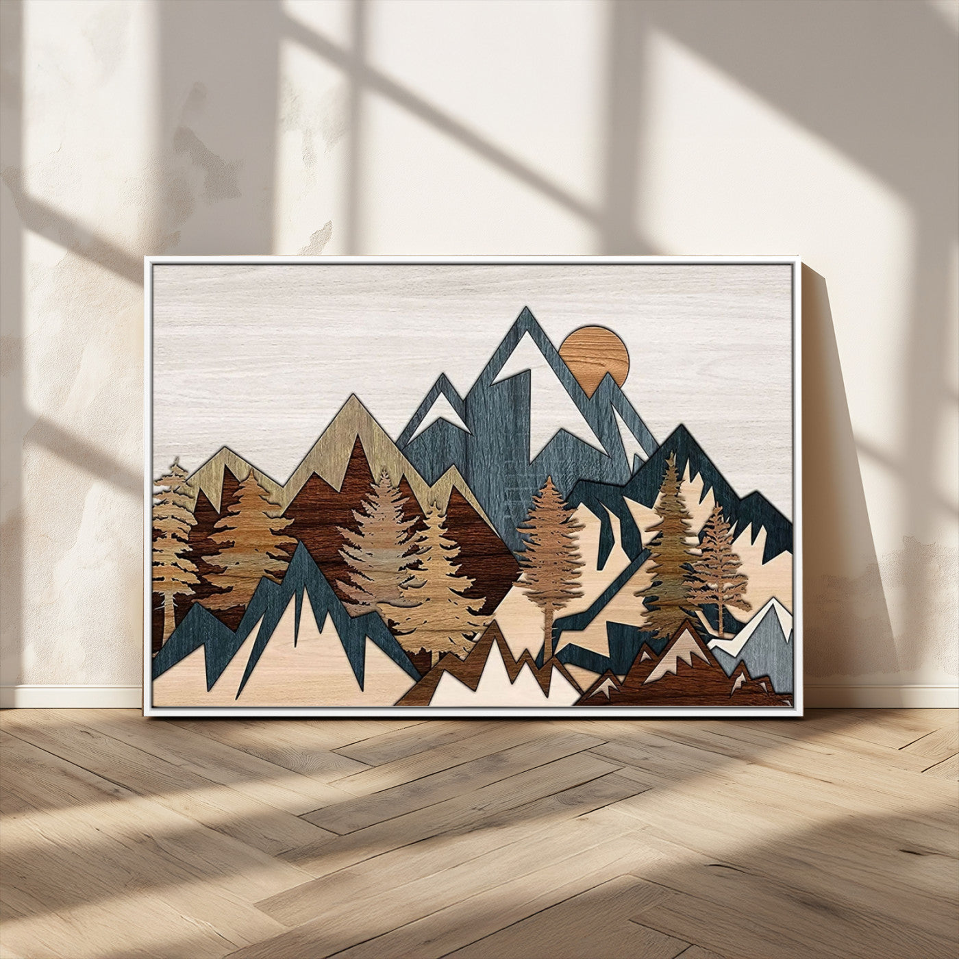 67950-MGV-CV-36X24-Rustic Abstract Wood Panel Effect Canvas Mountain Range Top Wood Wall Art Canvas Print
