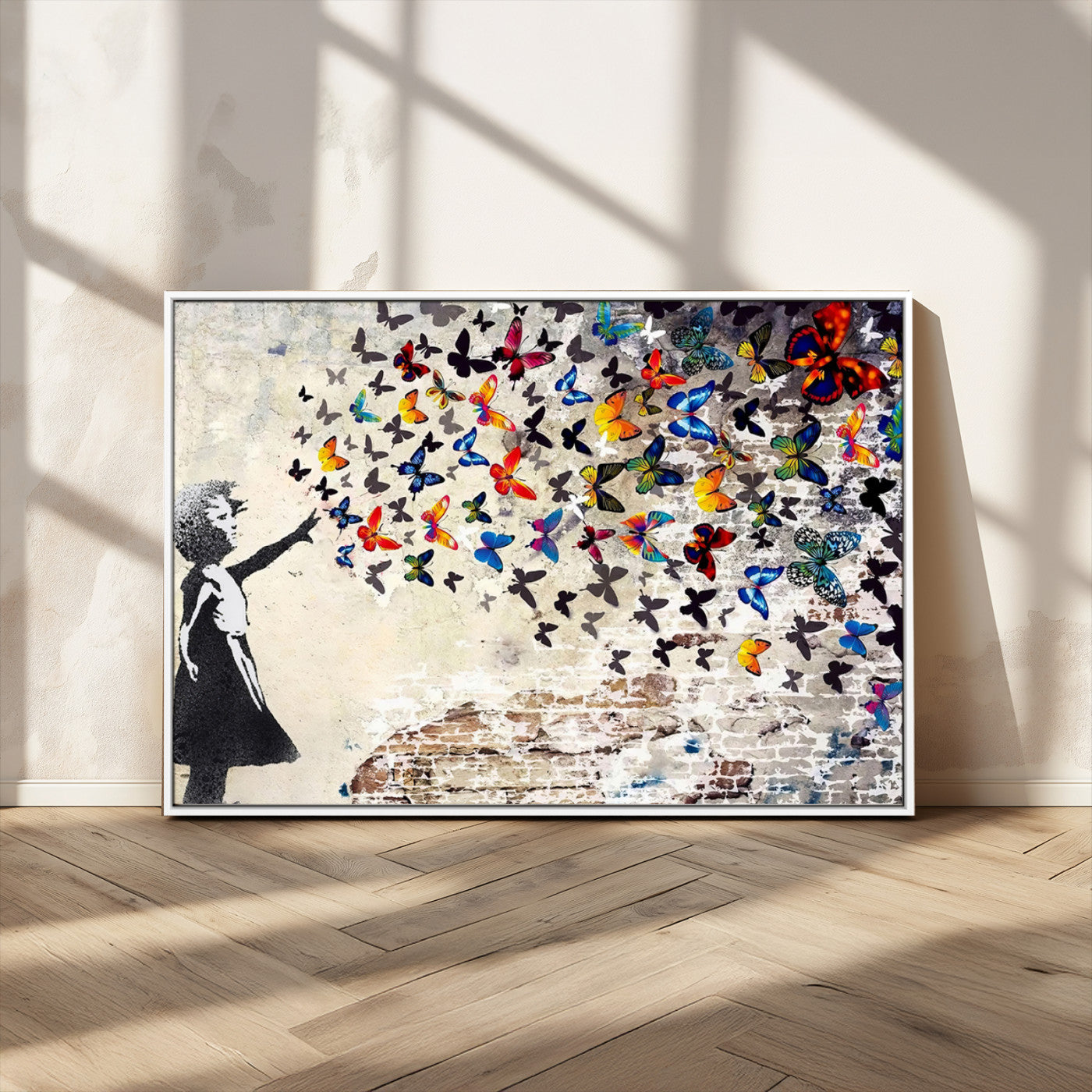 97895-MGV-CV-36X24-Banksy Graffiti Wall Art Canvas Print: Girl Releasing Vibrant Butterflies – Ready to Hang