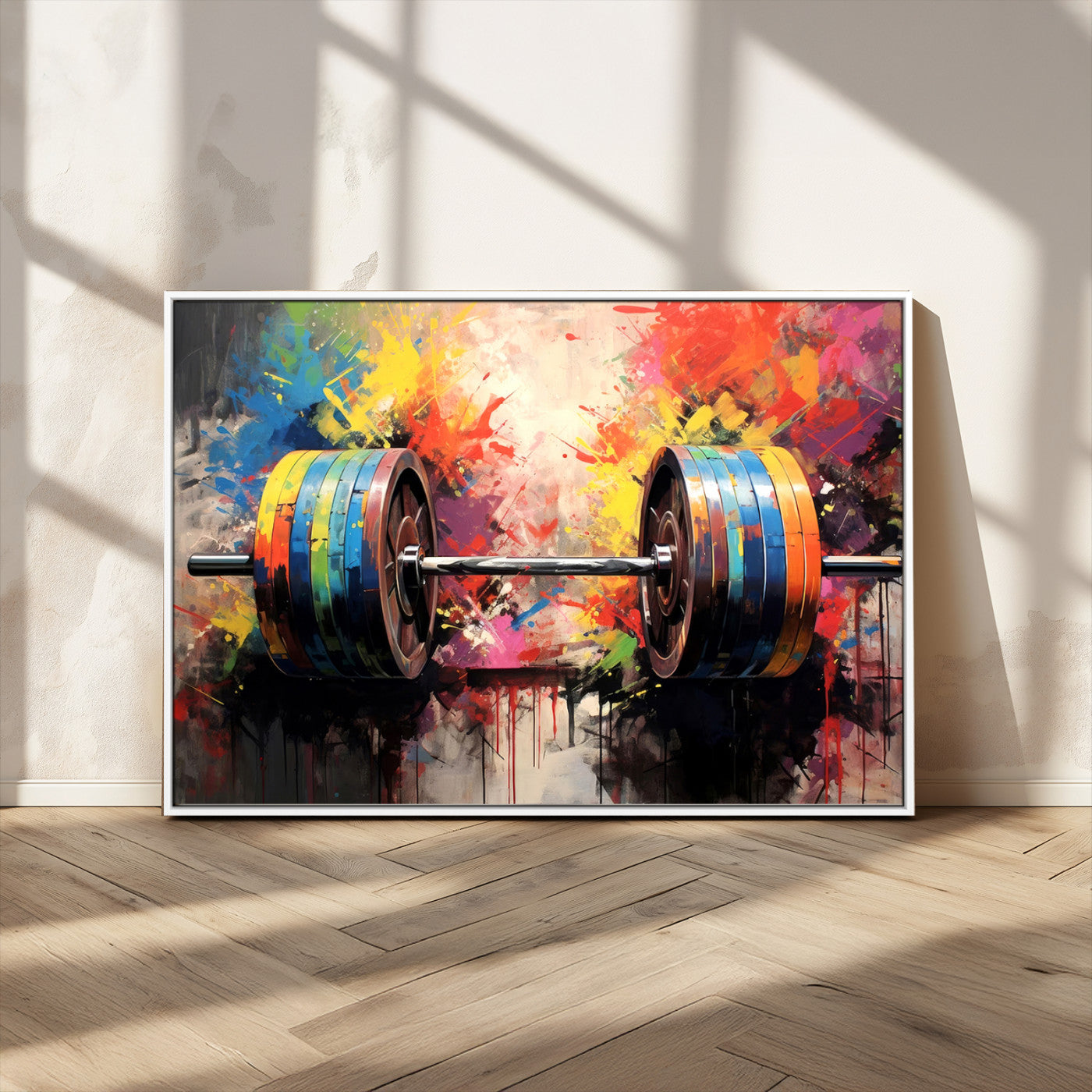 80436-MGV-CV-36X24-Weightlifting Barbell Art Triptych, Bold Abstract Fitness Wall Decor for Gym or Home, Giclee Canvas