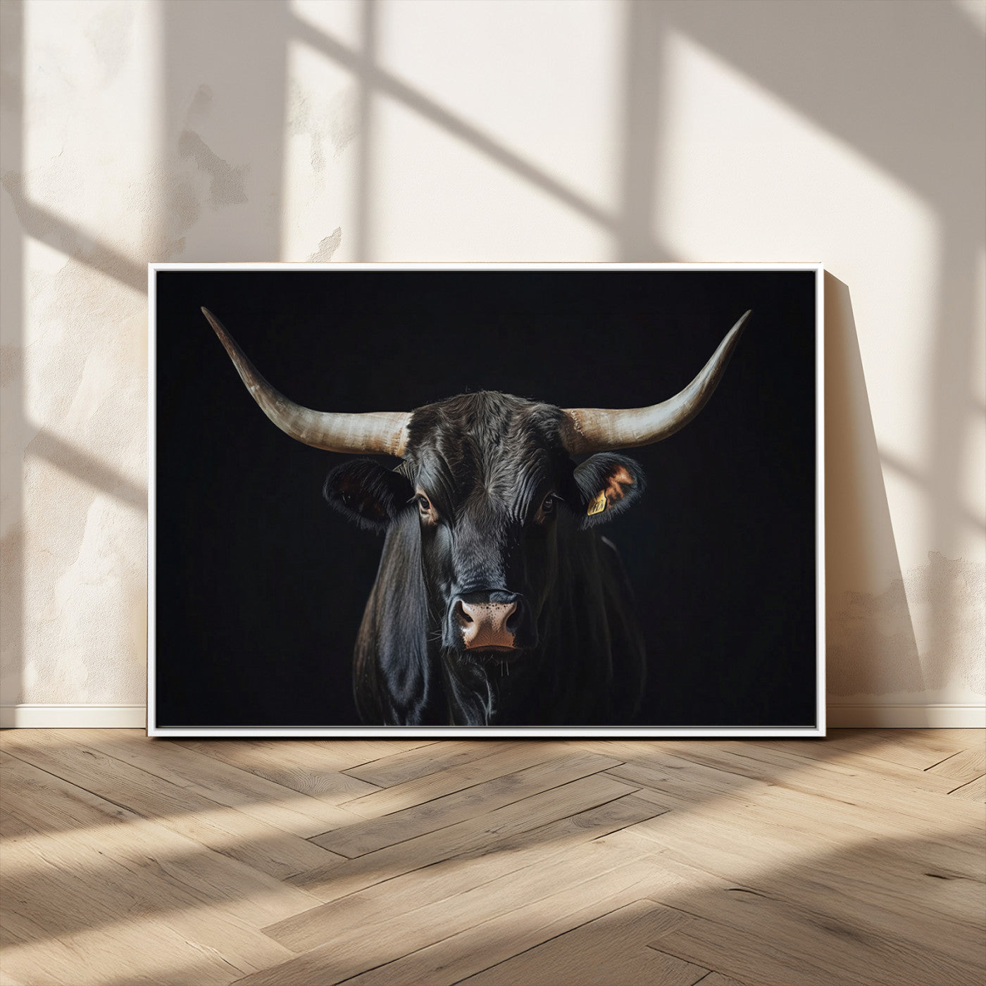 48065167-MGV-CV-36X24-Majestic Longhorn Bull Wall Art Canvas Print – Dark Background Western Ranch Portrait Artwork for Home, Office