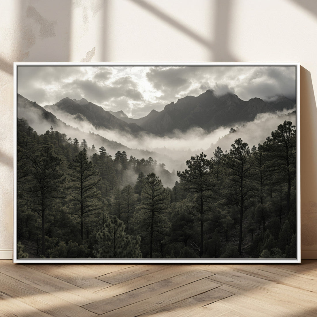 Moody Forest Wall Art | Framed Mountain Fog Canvas Artwork