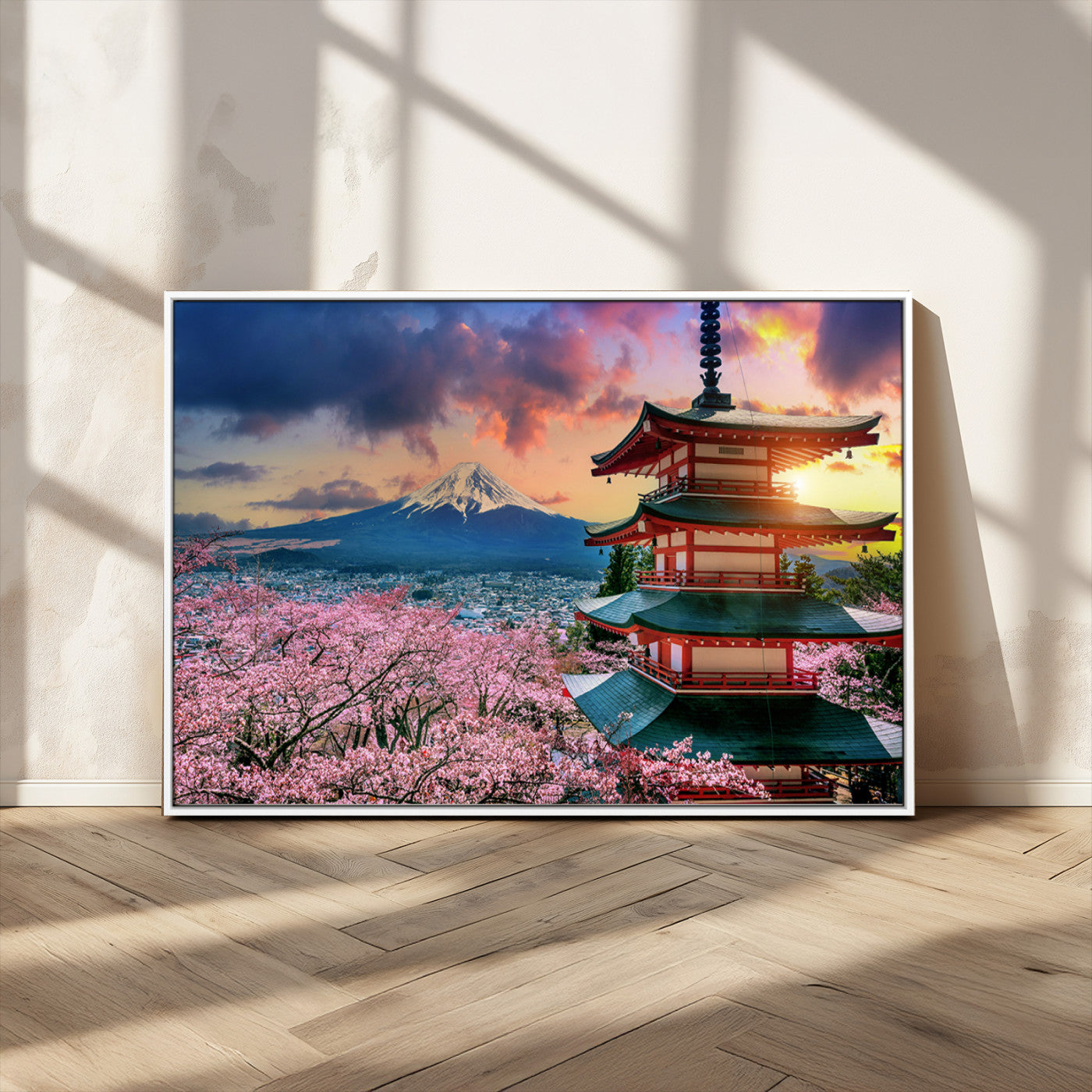 -Mount Fuji & Cherry Blossom Wall Art Canvas Print – Iconic Japanese Landscape, Sakura Pagoda Sunset,