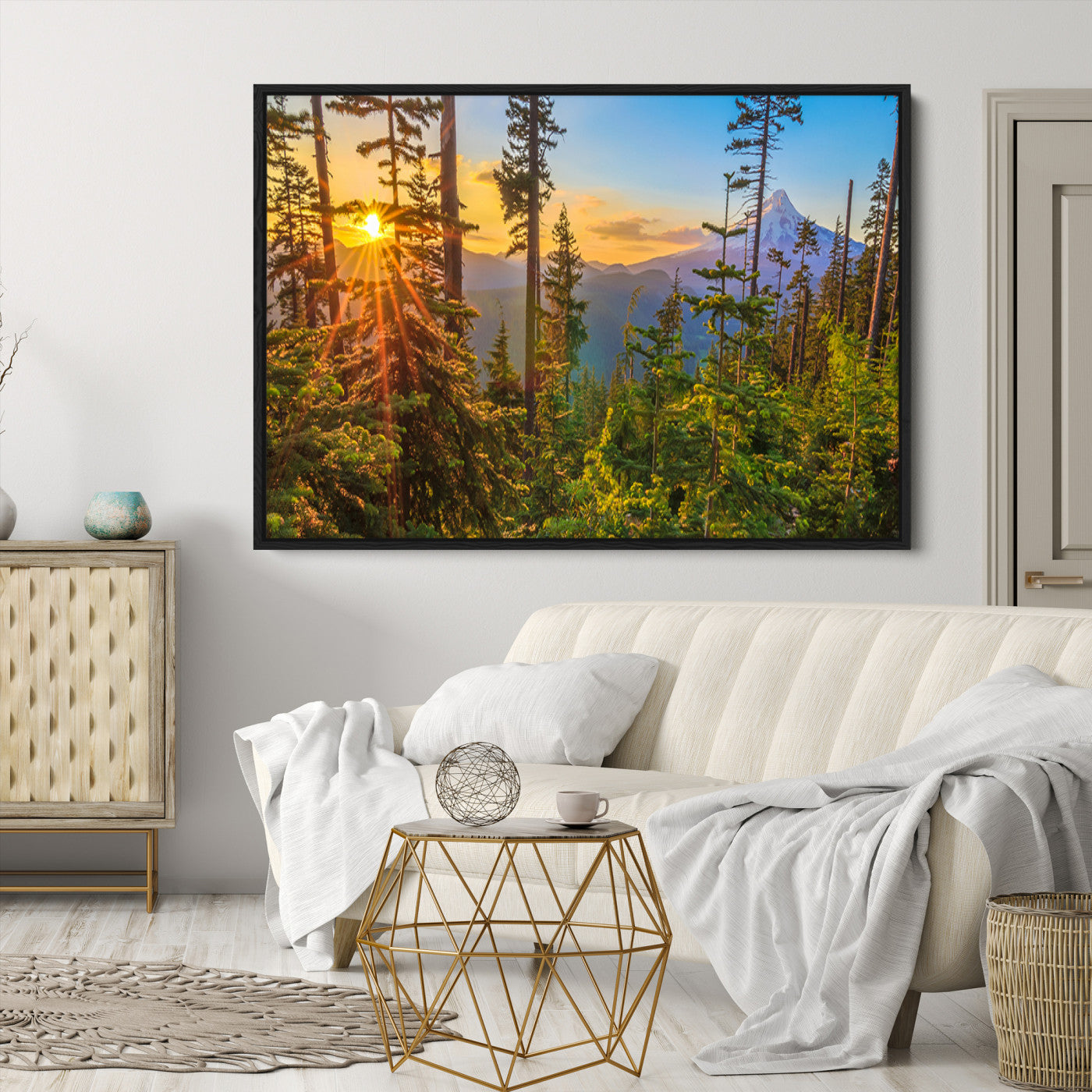 -Forest Sunset Wall Art Canvas Print, Framed Sunset Trees Art Picture Print, Green Pines Perfect