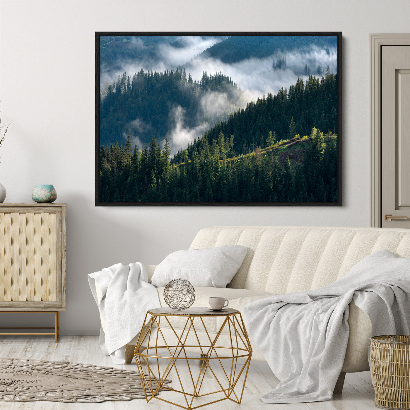 84598503-MGV-CV-36X24-Misty Forest Wall Art Canvas Print – Pine Hills Foggy Woodland Moody Atmosphere Nature Artwork for Home Office