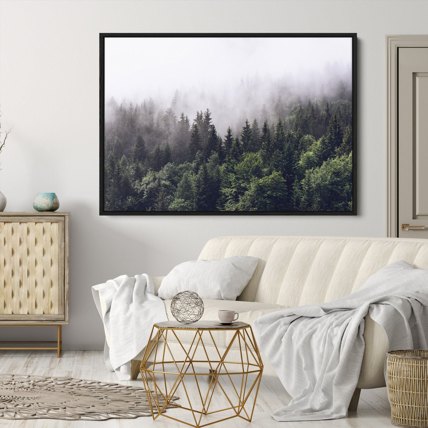 -Misty Forest Wall Art Canvas Print, Framed Foggy Pines Art Picture Print, Pine Valley Perfect Moody