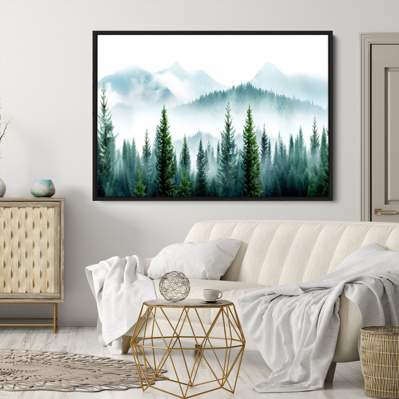 16716676-MGV-CV-36X24-Pine Forest Wall Art Canvas Print – Misty Mountains Foggy Trees Serene Woodland Nature Artwork for Home Office