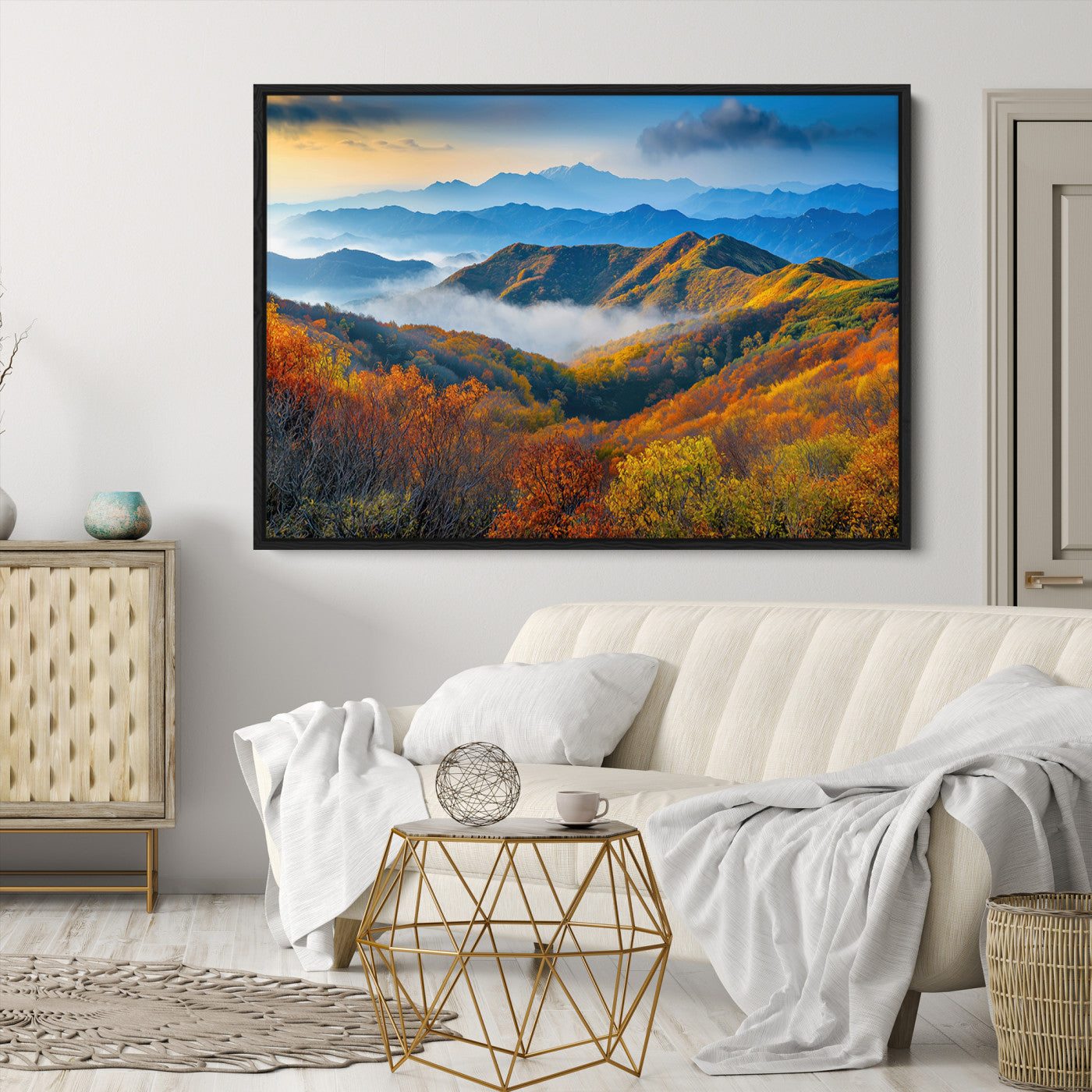 -Autumn Mountains Wall Art Canvas Print, Autumn Mountain Foggy Landscape Wall Art Canvas Print,