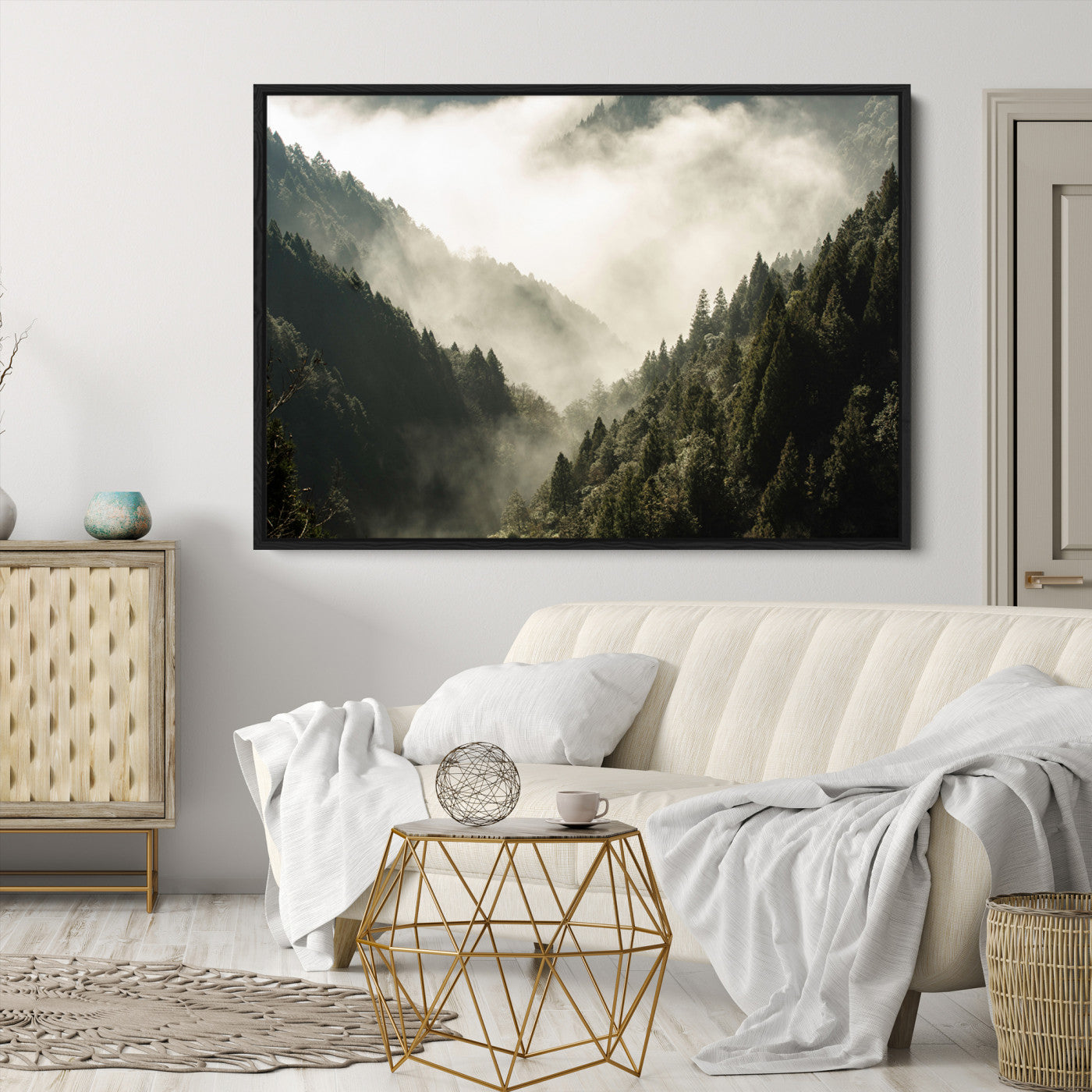 57570237-MGV-CV-36X24-Misty Valley Wall Art Canvas Print – Foggy Forest Pine Trees Serene Woodland Landscape Artwork for Home Office
