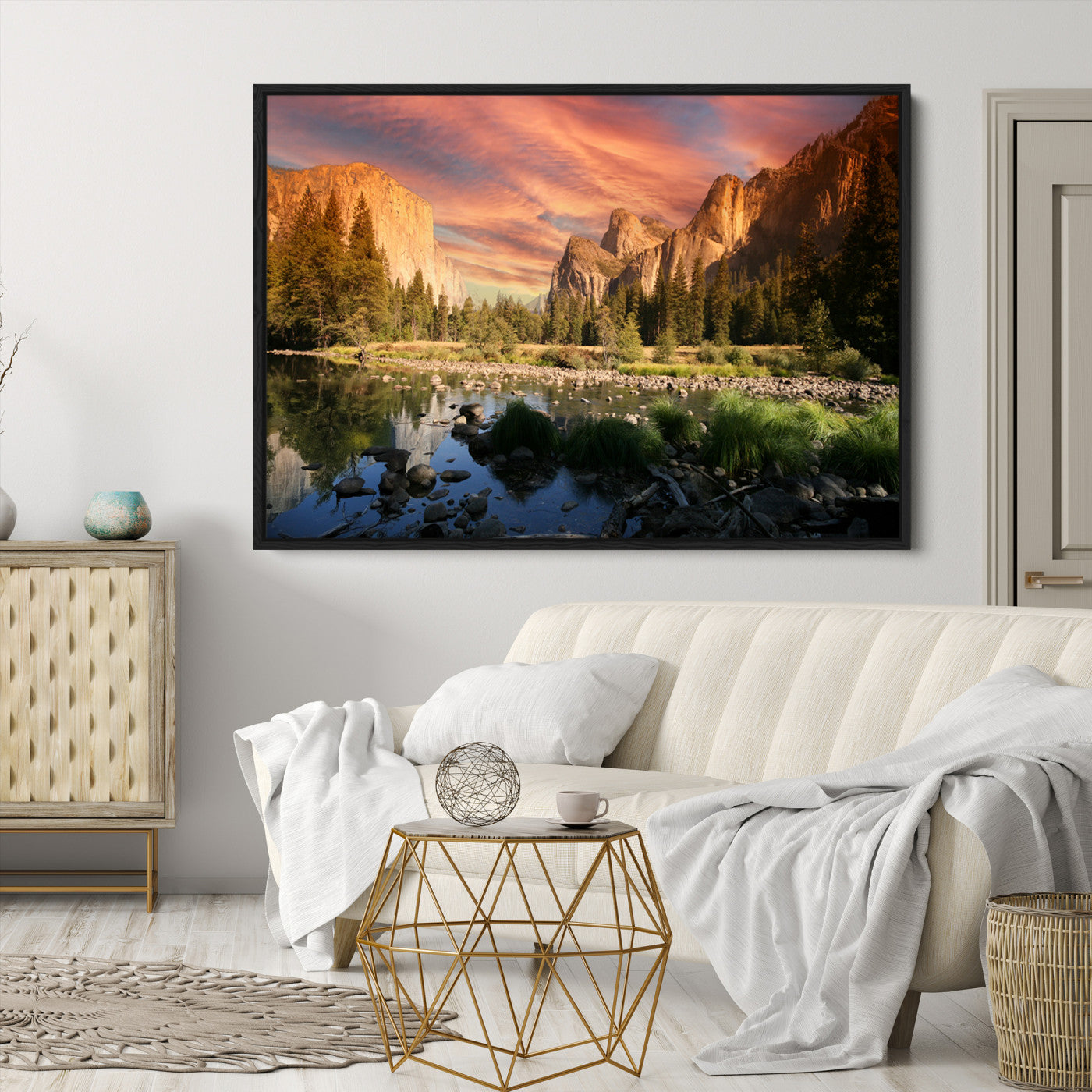 -Yosemite Valley Canvas Wall Art, Framed El Capitan Art Picture Print, Sunset Sky Perfect Vibrant