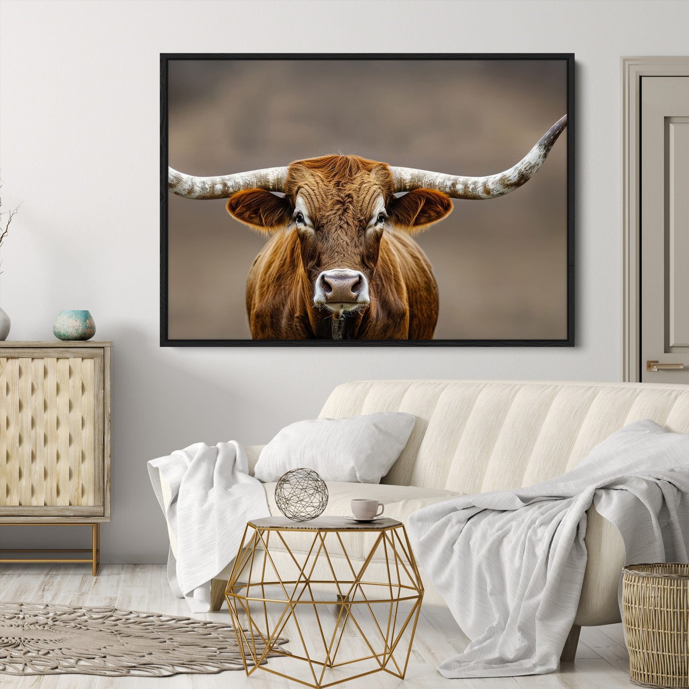 -Texas Longhorn Wall Art Canvas Print, Framed Brown Bull Art Picture Print, Lone Cattle Perfect