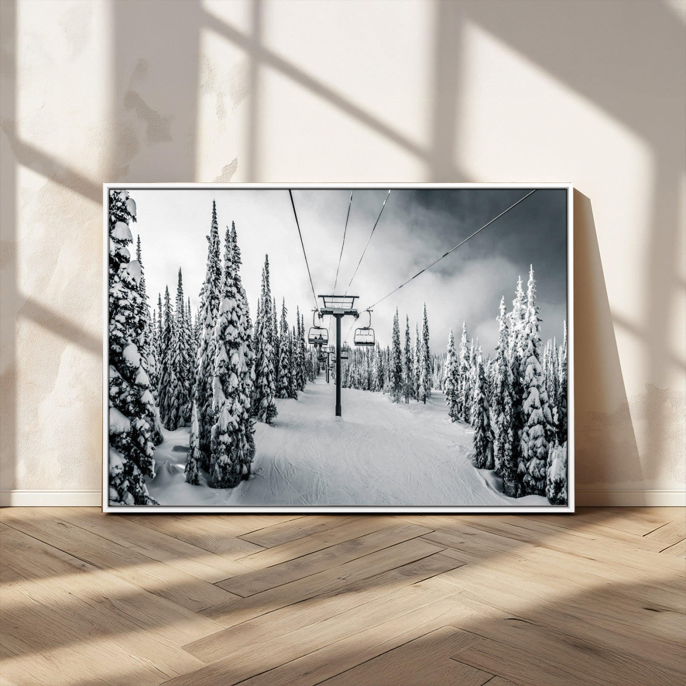 31156828-MGV-CV-36X24-Snowy Pines Wall Art Canvas Print – Framed Ski Lift Winter Forest Snowy Landscape Moody Lodge Artwork for Home, Office