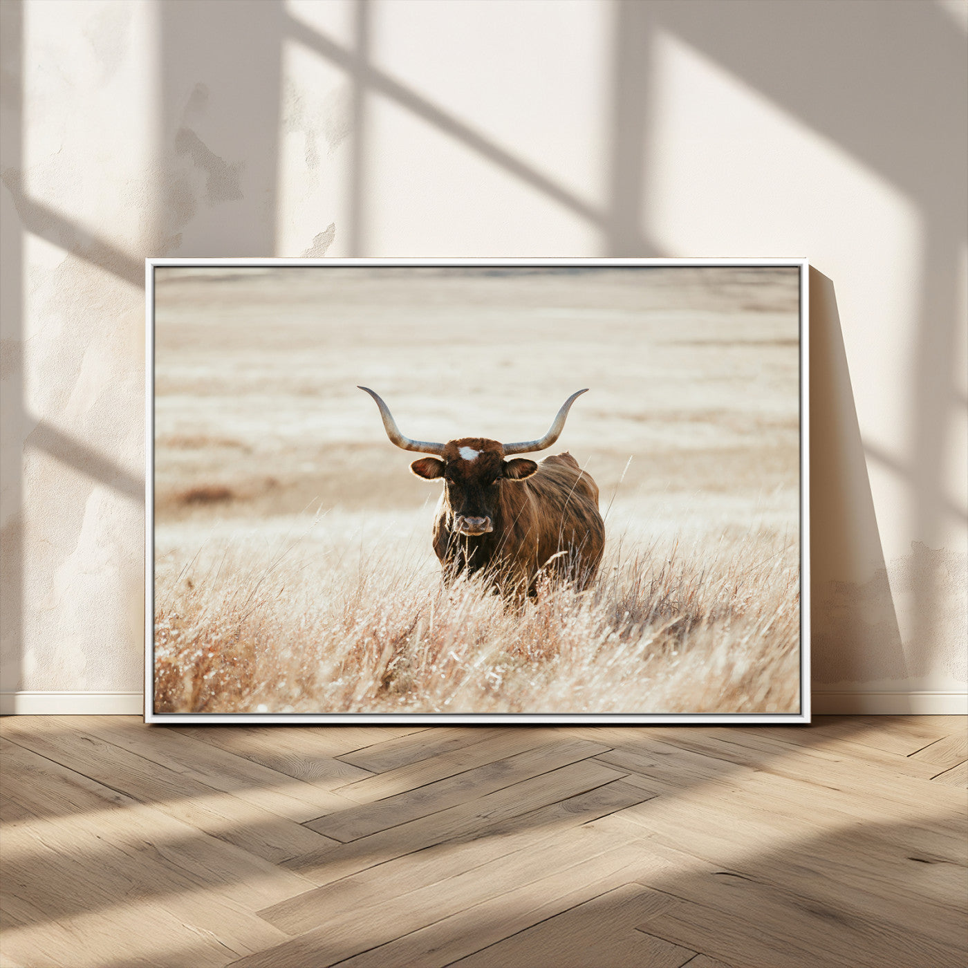 -Texas Longhorn Wall Art Canvas Print, Framed Brown Cattle Art Picture Print, Horned Bull Perfect Rustic Western Decor Artwork