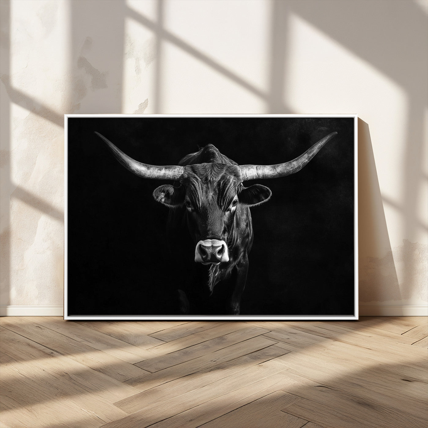 -Texas Longhorn Wall Art Canvas Print, Framed Monochrome Bull Art Picture Print, Horned Bull Perfect Rustic Western Decor Artwork
