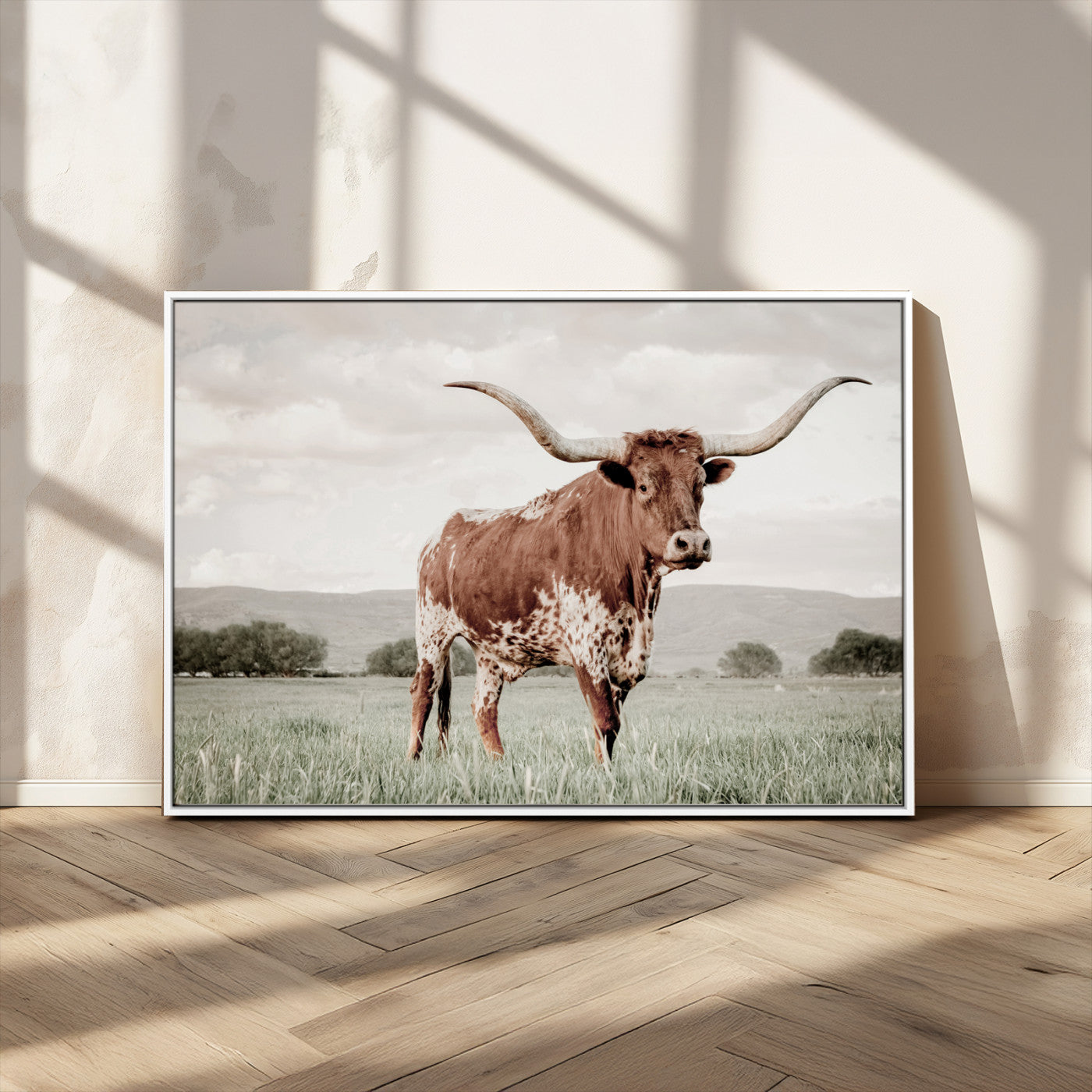 MGV-FC-36X24 - Texas Longhorn Wall Art Canvas Print, Framed Spotted Cattle Art Picture Print, Horned Bull Perfect Rustic Western Decor Artwork