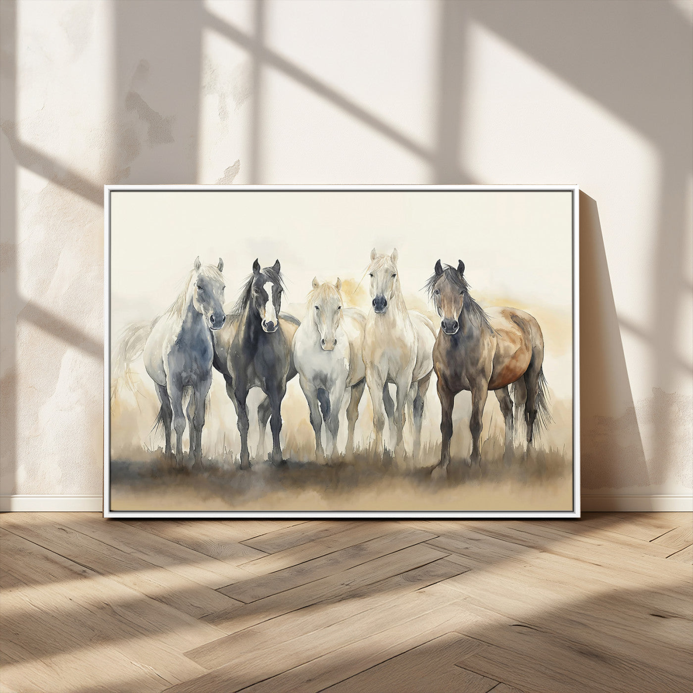MGV-FC-36X24 - Wild Horses Wall Art Canvas Print, Framed Running Horses Art Picture Print, Watercolor Horses Perfect Rustic Western Decor Artwork