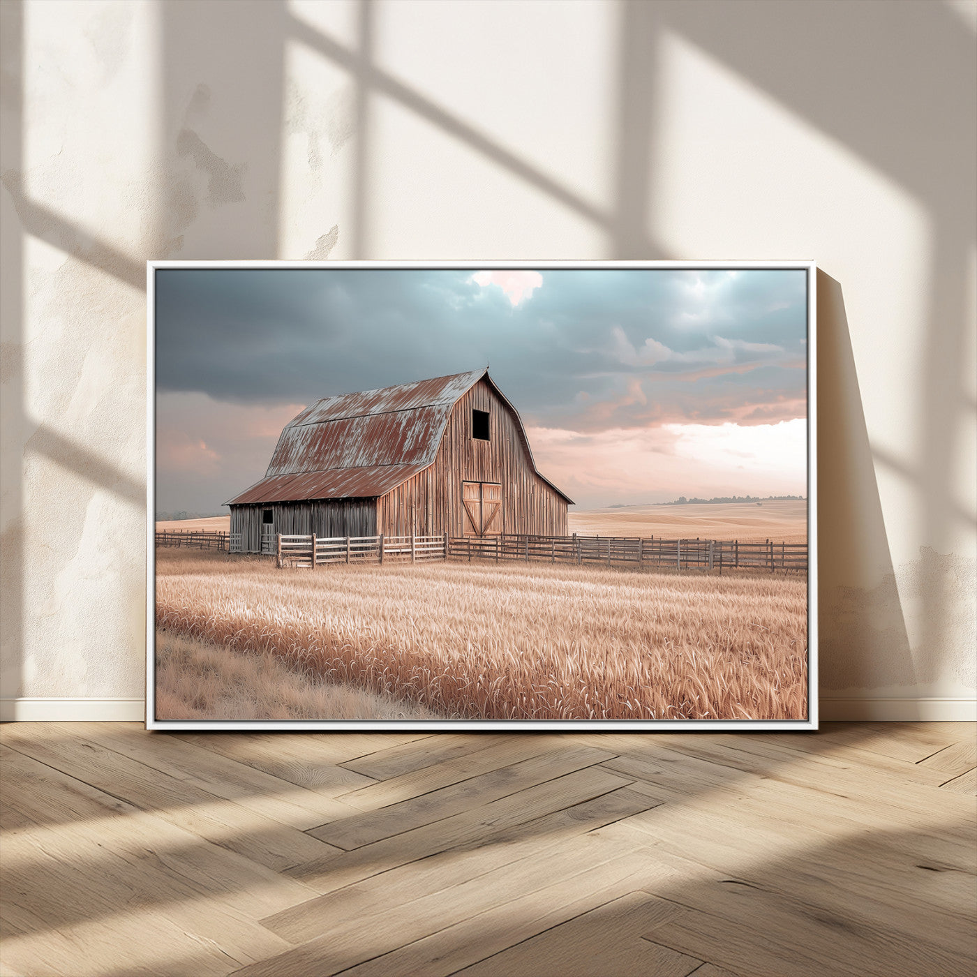 36878364-MGV-CV-36X24-Rustic Barn Wall Art Canvas Print – Framed Wheat Field Scene with Sunset Barn Artwork for Home, Office, Living Room