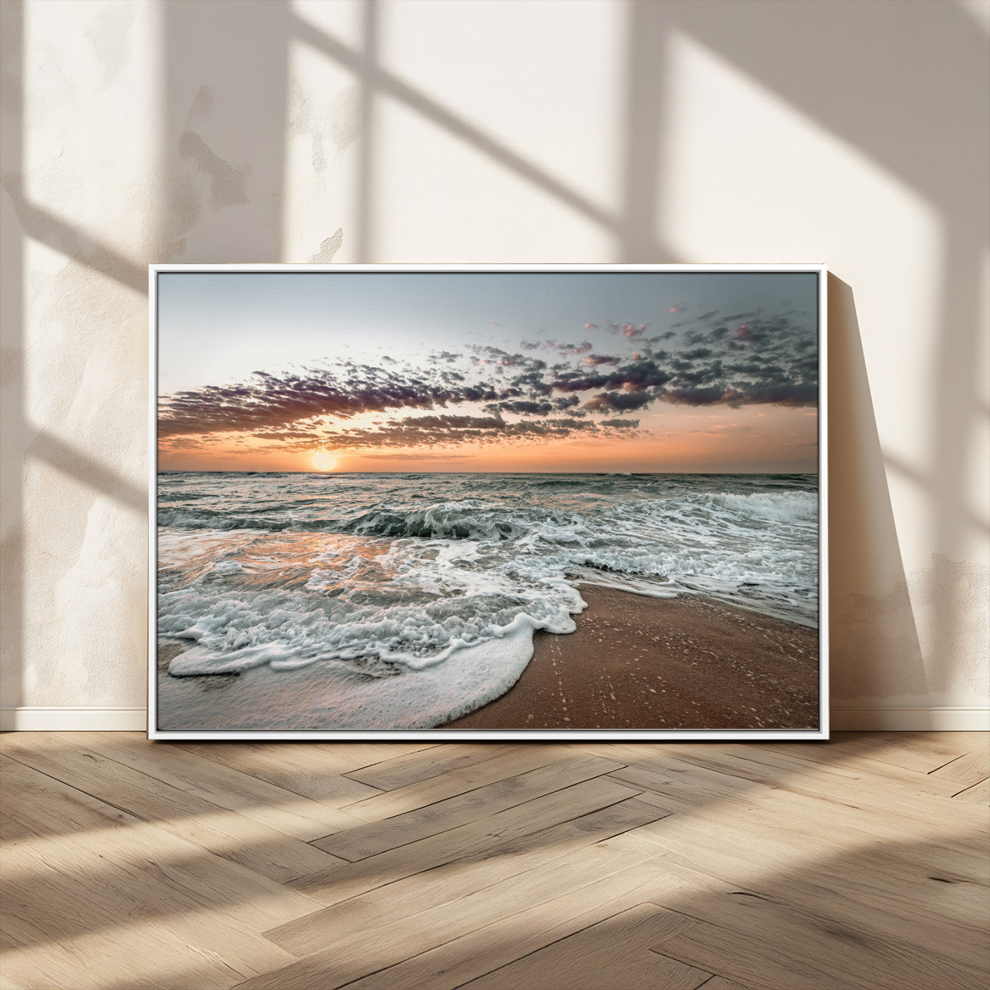 40632752-MGV-CV-36X24-Ocean Sunset Wall Art Canvas Print – Framed Beach Waves Scene with Coastal Artwork for Home, Office, Living Room