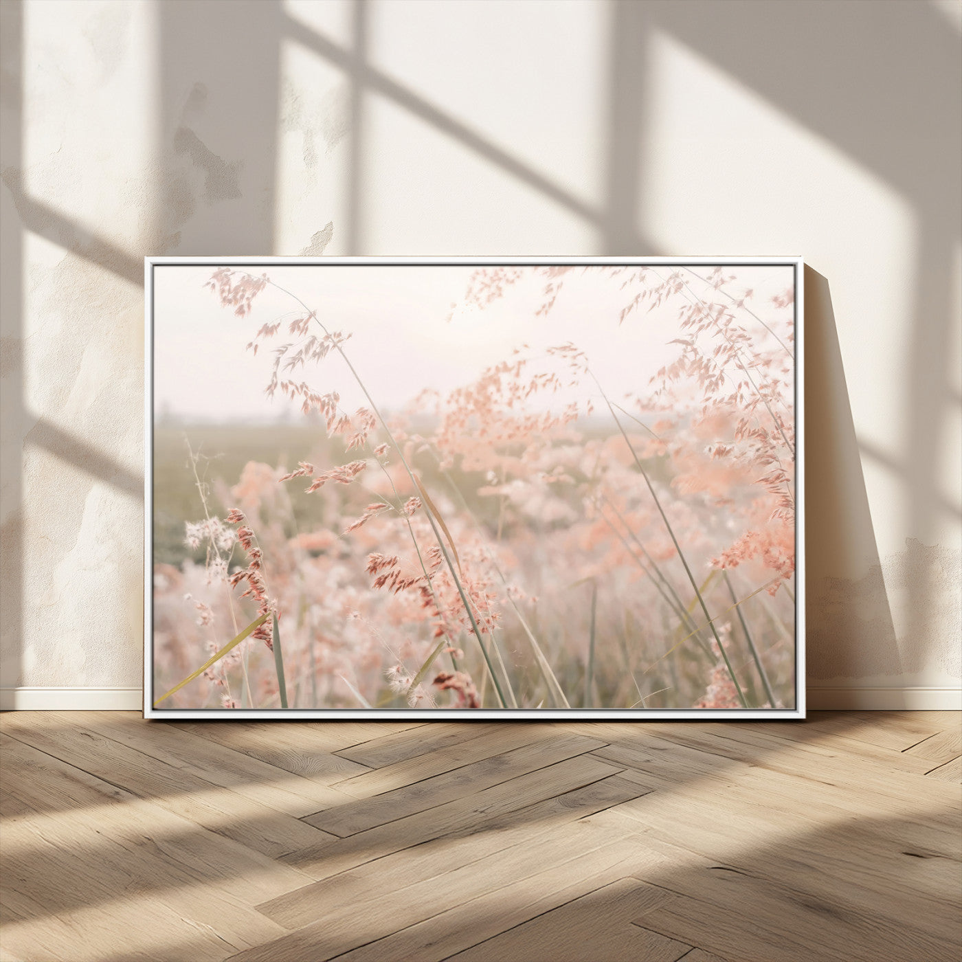 -Pastel Grasses Wall Art Canvas Print, Framed Soft Meadow Art Picture Print, Field in Breeze Perfect Soft Pastel Minimal Decor Artwork