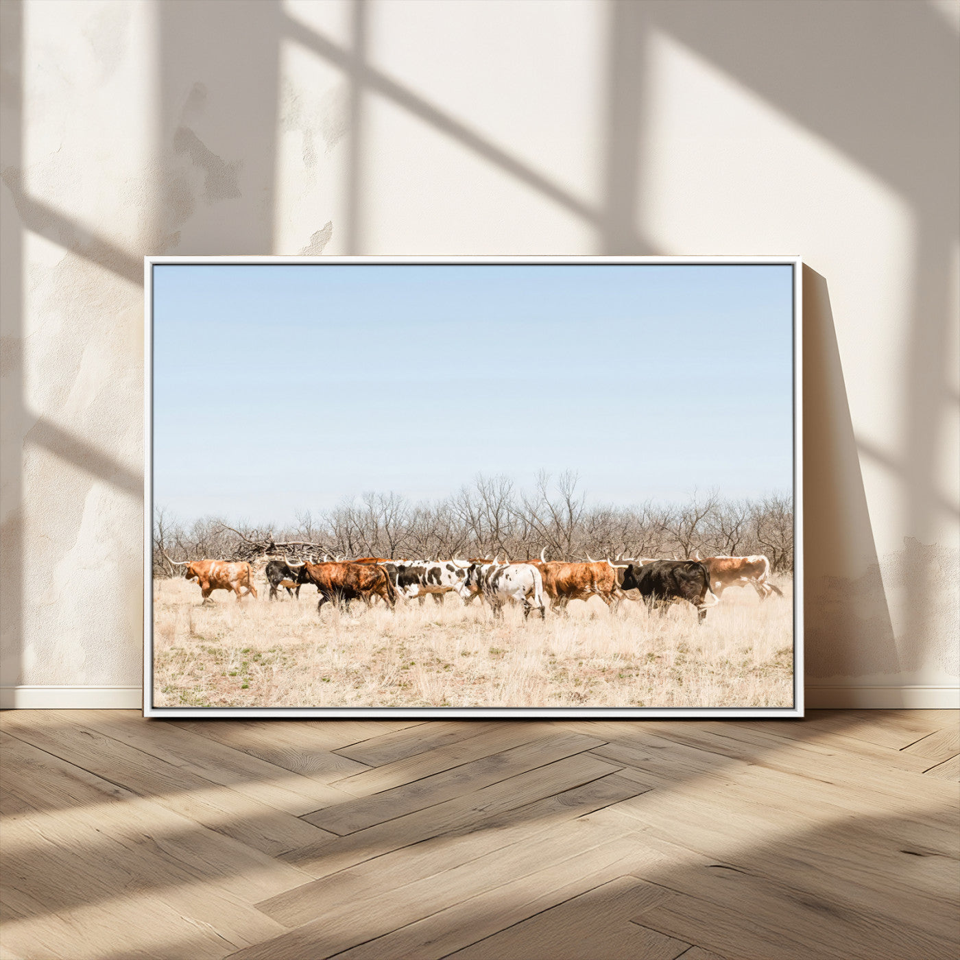 -Texas Longhorns Wall Art Canvas Print, Framed Western Cattles Art Picture Print, Rustic Herd Perfect Rustic Farmhouse Decor Artwork
