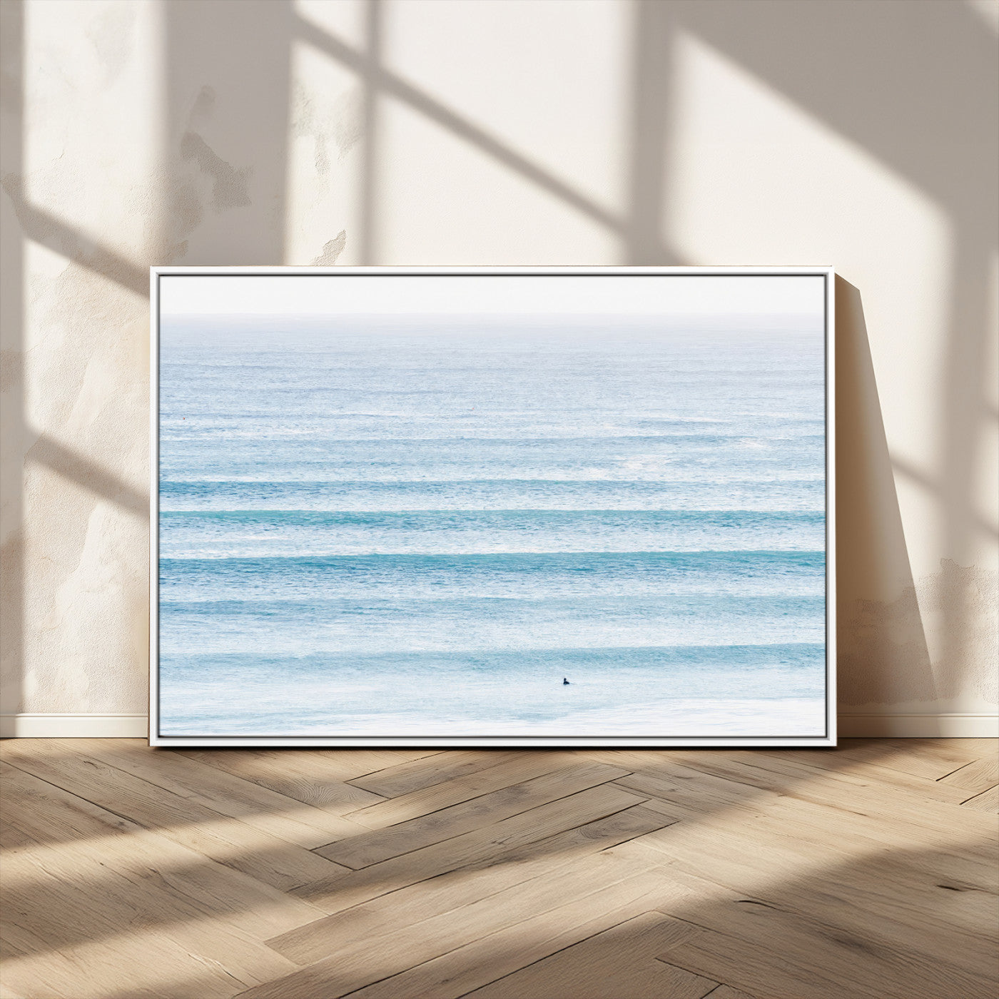 77145995-MGV-CV-36X24-Ocean Wave Surfer Wall Art – Framed Minimal Seascape Canvas Artwork, Calm Blue Water Design, Coastal Decor for Home, Office