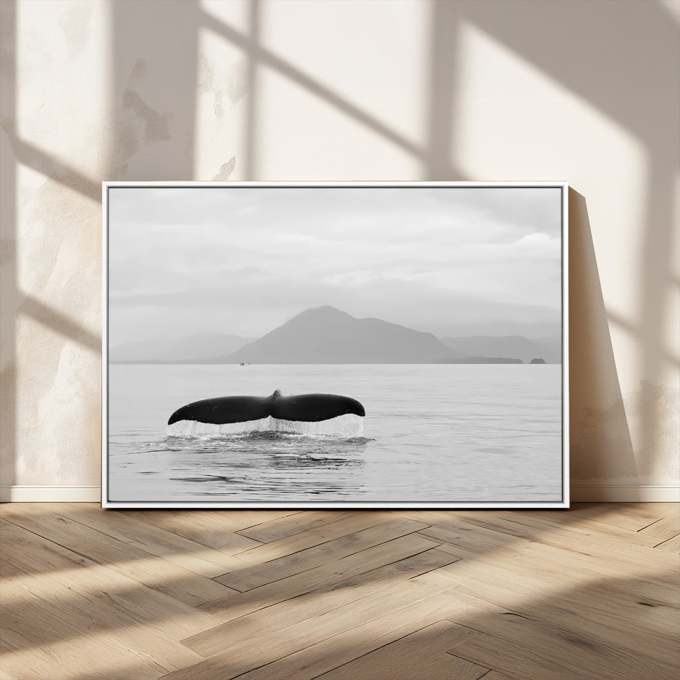 MGV-FC-36X24 - Whale Tail Wall Art Canvas Print, Framed Black White Ocean Art Picture Print, Calm Marine Perfect Minimalist Coastal Decor Artwork