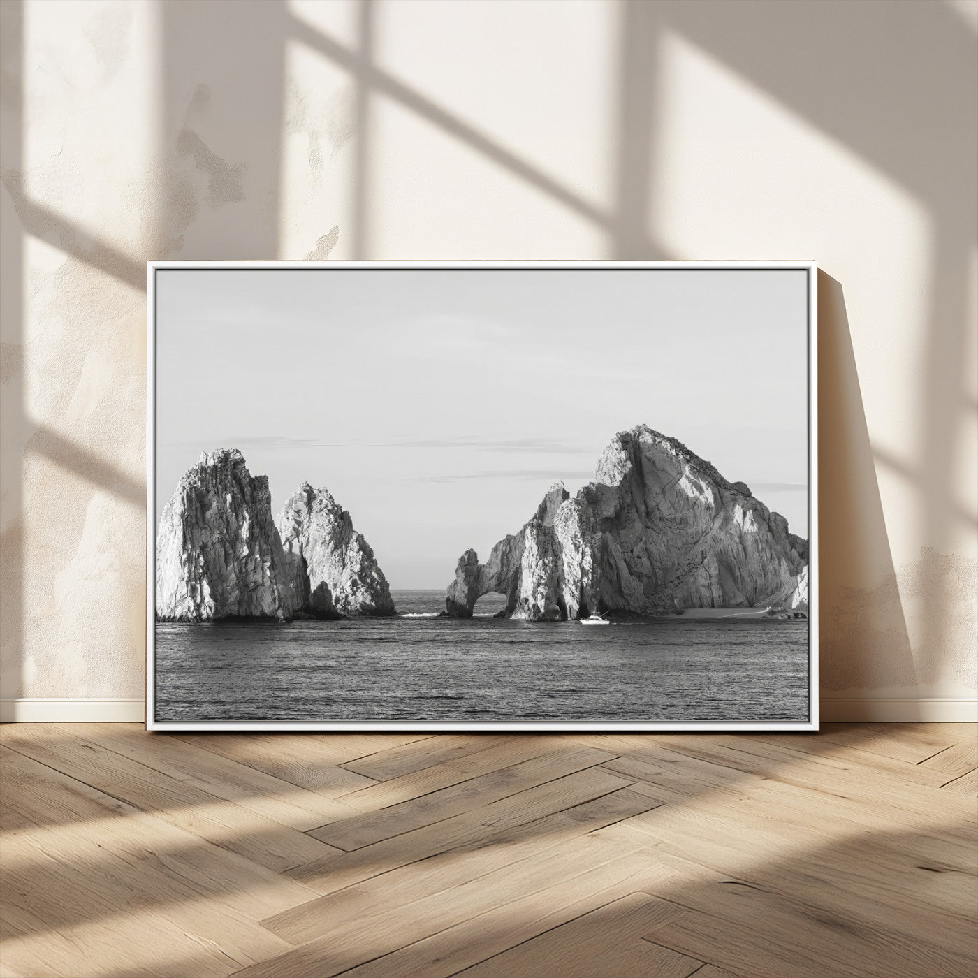 MGV-FC-36X24 - Rugged Coastline Wall Art Canvas Print, Framed Ocean Cliffs Art Picture Print, Monochrome Seascape Perfect Coastal Minimalist Decor Artwork