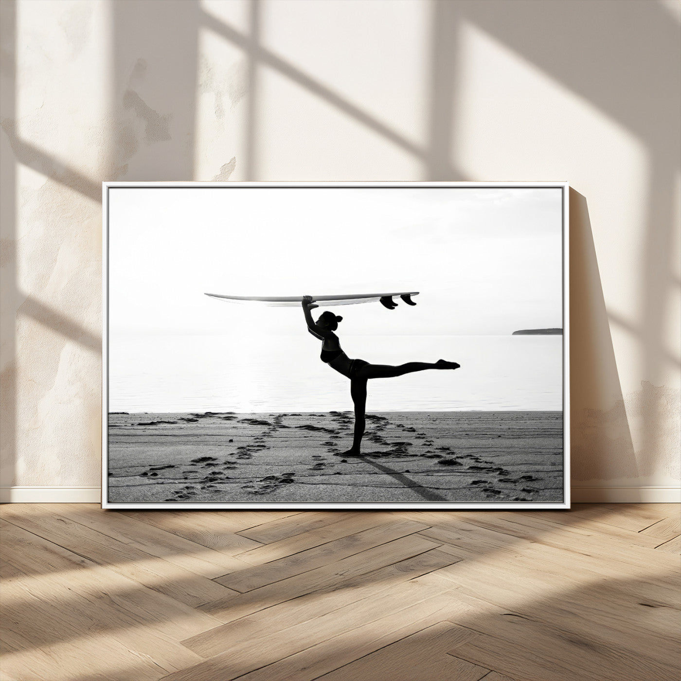 28441356-MGV-CV-36X24-Yoga Surf Wall Art Canvas Print – Framed Black White Shore Scene with Peaceful Ocean Artwork for Home, Office