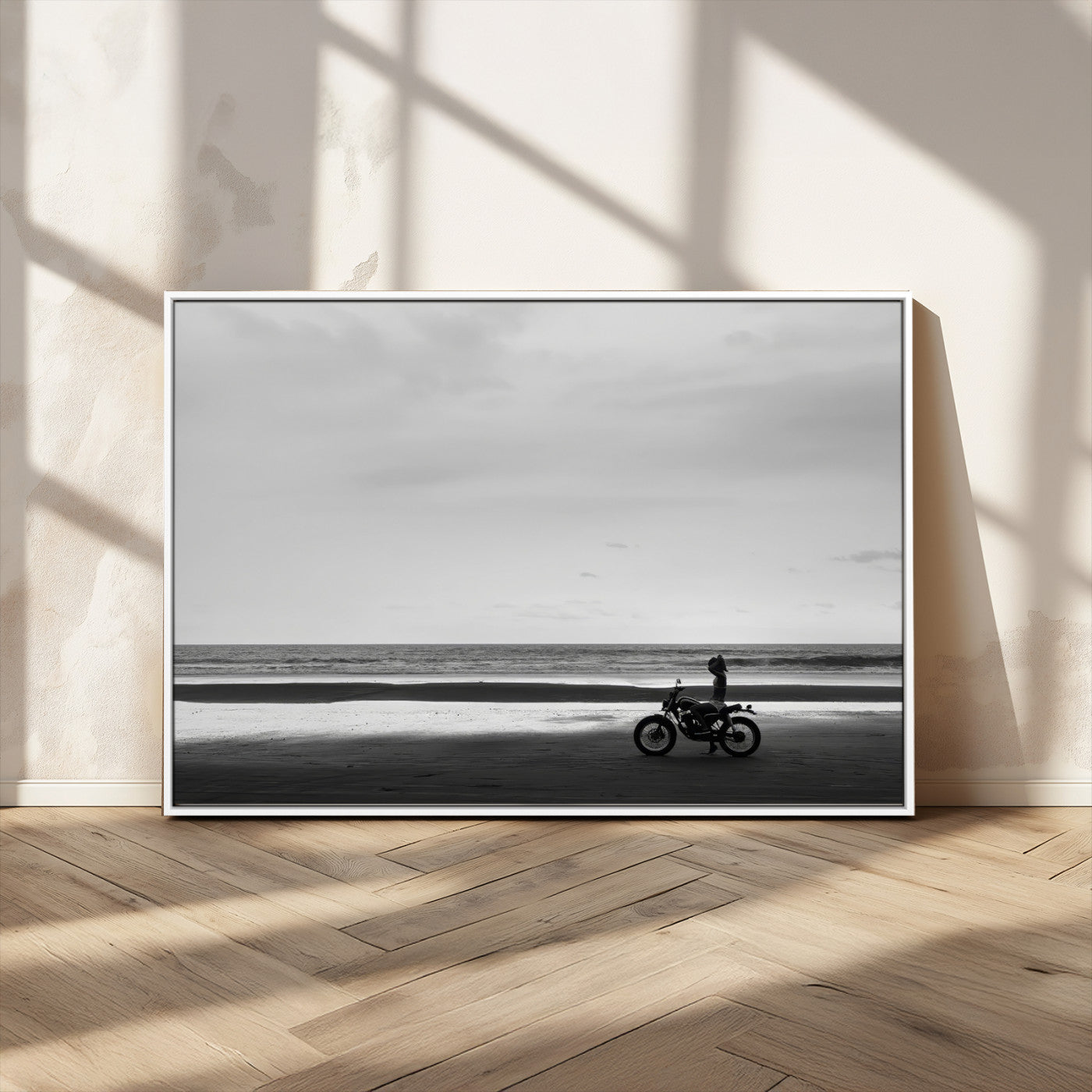 84739358-MGV-CV-36X24-Motorcycle Beach Wall Art Canvas Print – Framed Vintage Motorcycle Scene with Biker Silhouette Artwork for Home, Office