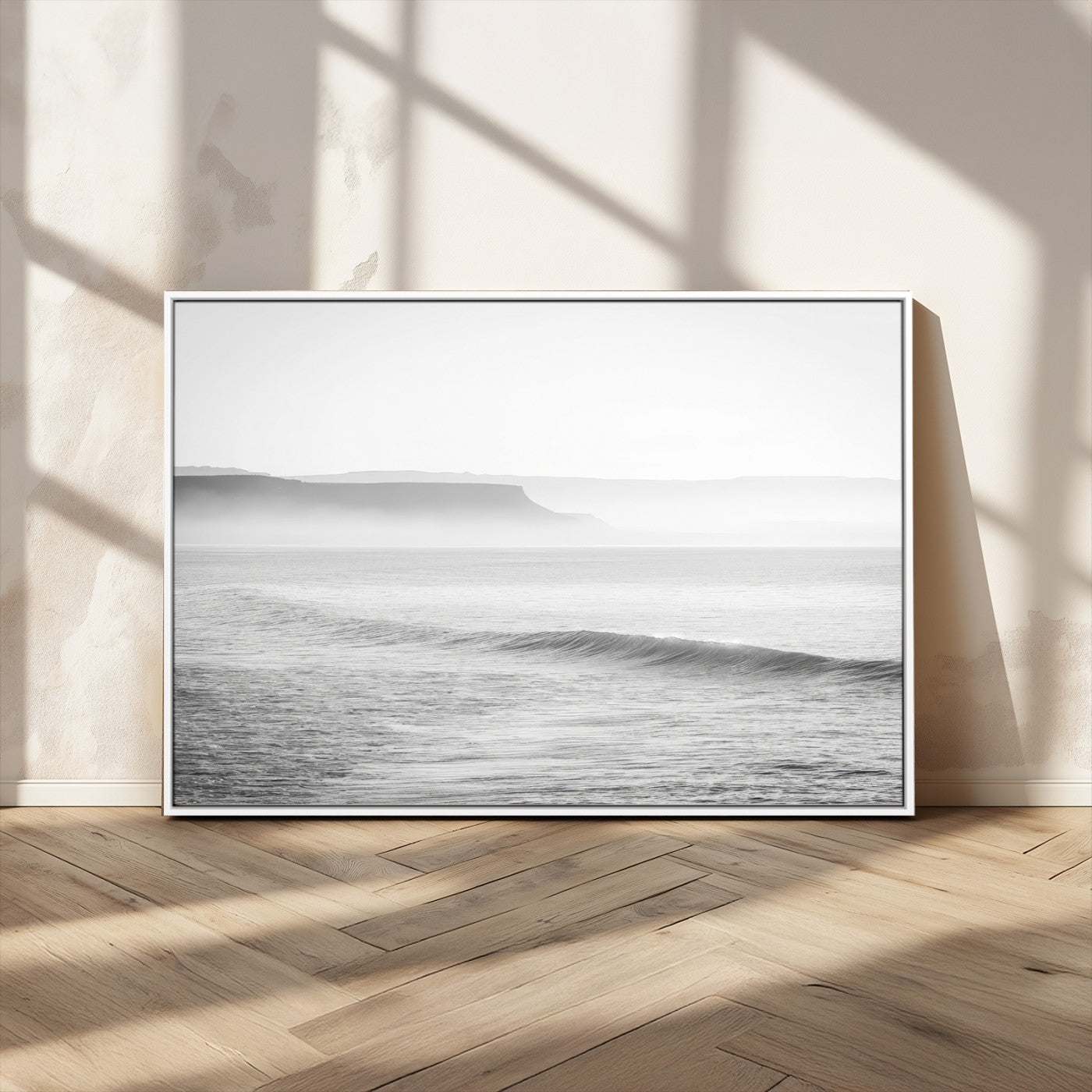 MGV-FC-36X24 - Black White Seascape Wall Art Canvas Print, Framed Ocean Waves Art Picture Print, Misty Coastal Perfect Minimalist Coastal Decor Artwork