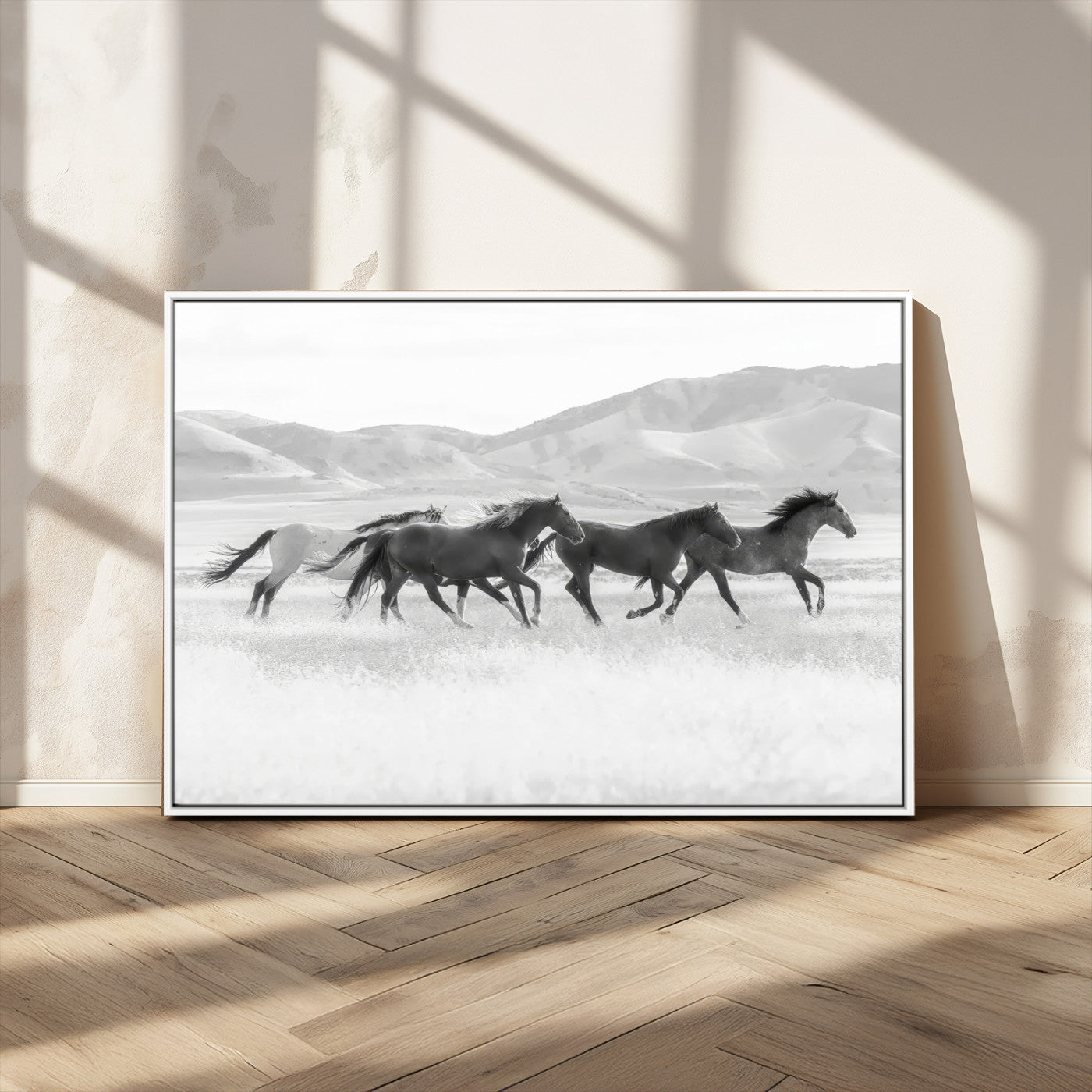 MGV-FC-36X24 - Wild Horses Wall Art – Black & White Canvas Print of Herd Running, Nature in Motion, Freedom & Beauty Decor for Guest Room, Office or Living Room