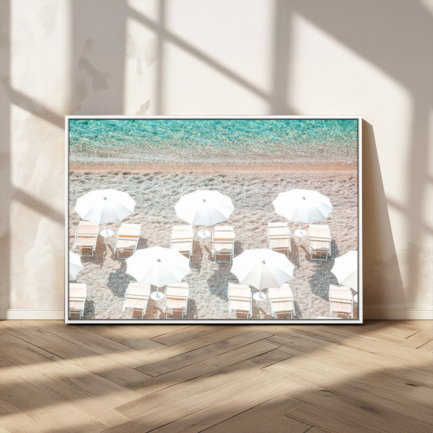 MGV-FC-36X24 - Calm Beach Wall Art Canvas Print, Framed Turquoise Water Art Picture Print, Umbrella Shoreline Perfect Coastal Minimalist Decor Artwork