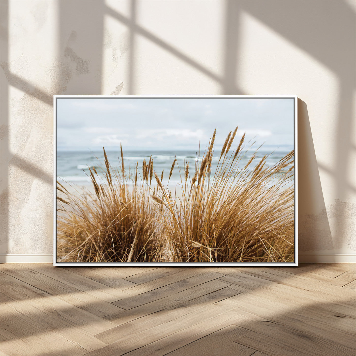 14270839-MGV-CV-36X24-Beach Grass Wall Art – Framed Coastal Dunes Canvas Artwork, Minimal Seaside Design, Modern Coastal Decor for Home, Office
